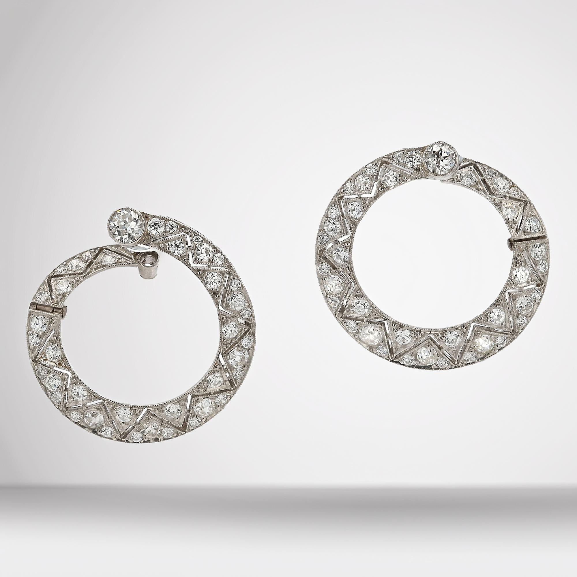 Chic Front Facing Diamond & Platinum Art Deco Hoop Earrings