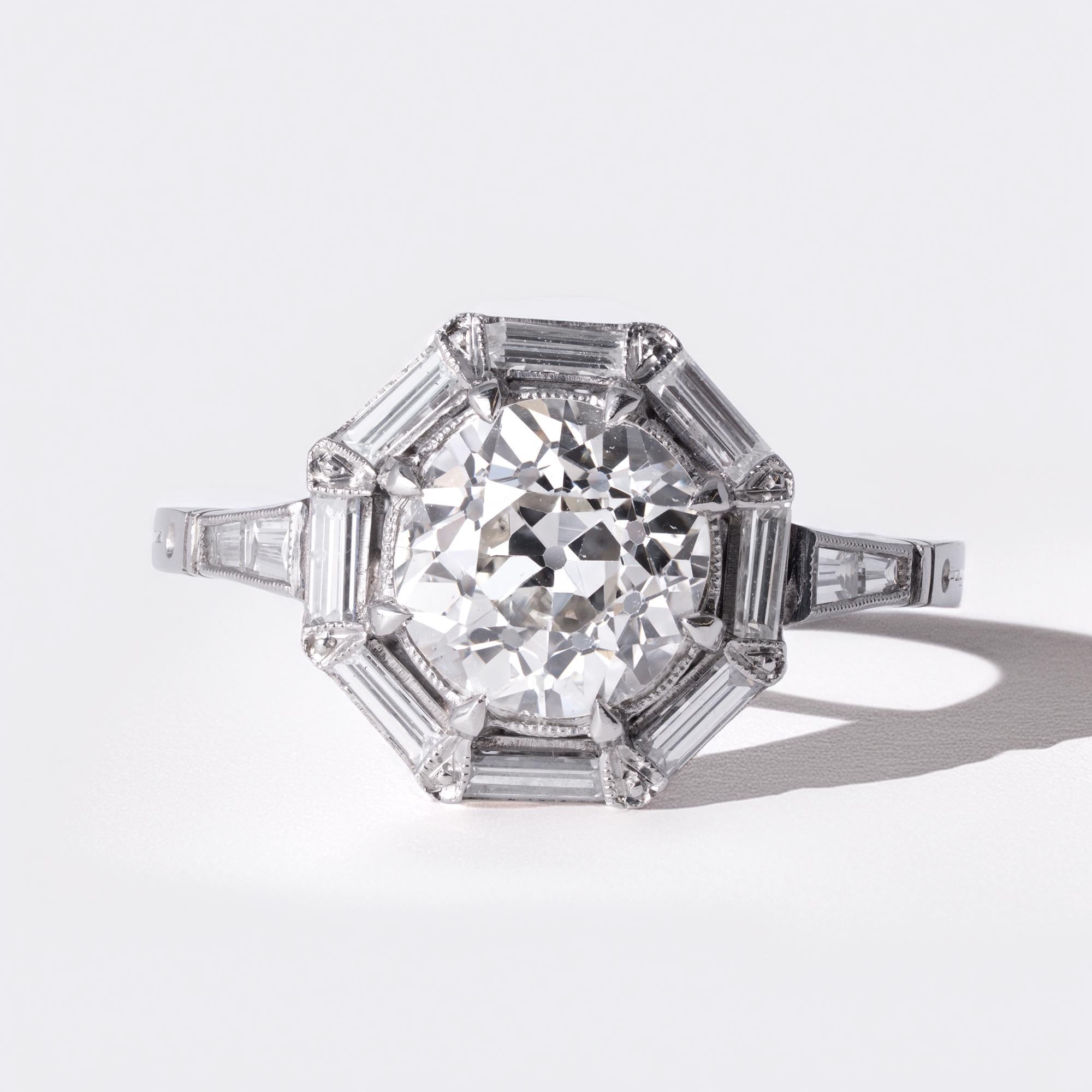 Art Deco Antique 1.79 Carat Old Mine Cut Diamond Geometric Engagement Ring