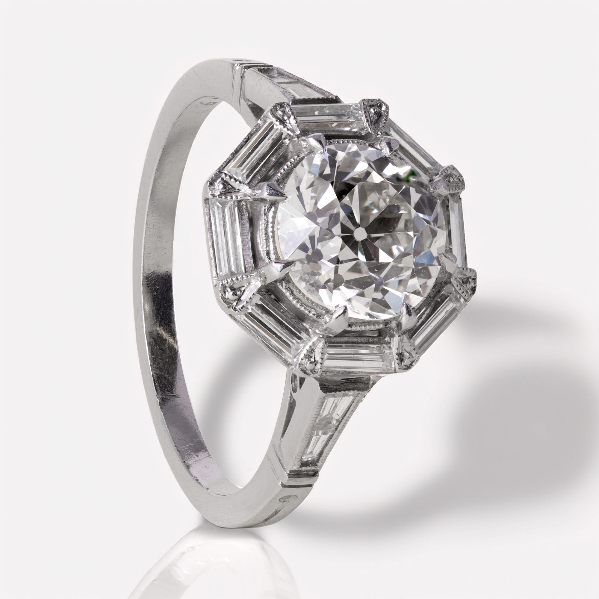 Art Deco Antique 1.79 Carat Old Mine Cut Diamond Geometric Engagement Ring