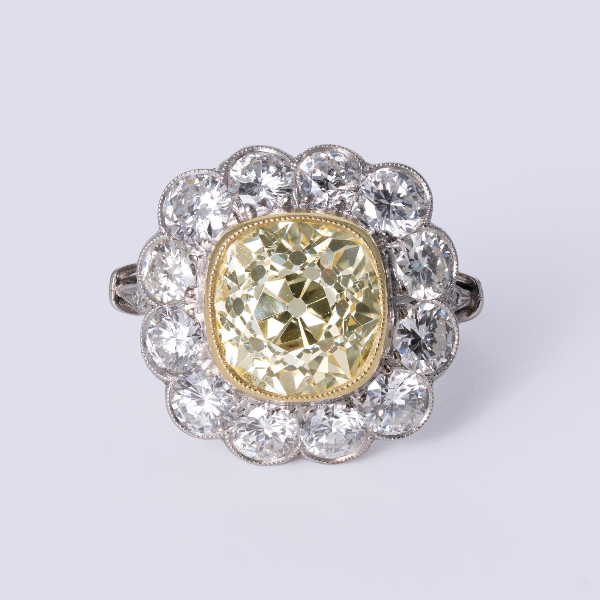 Antique 3.76 Carat Old Mine Cut Yellow Diamond Platinum Halo Engagement Ring