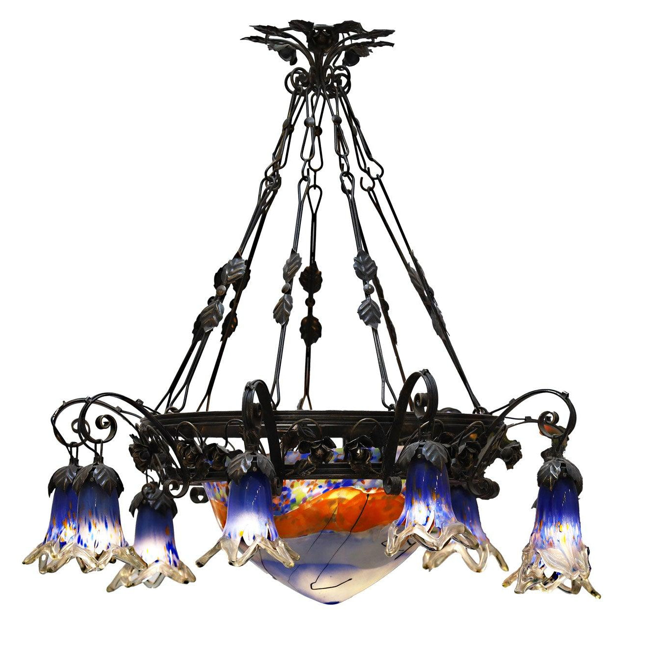 Murano Glass Grand 9 Light Wrought Iron Art Nouveau Chandelier