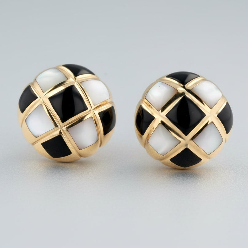 Vintage Angela Cummings Style Onyx & Mother of Pearl Checkerboard 14k Earrings