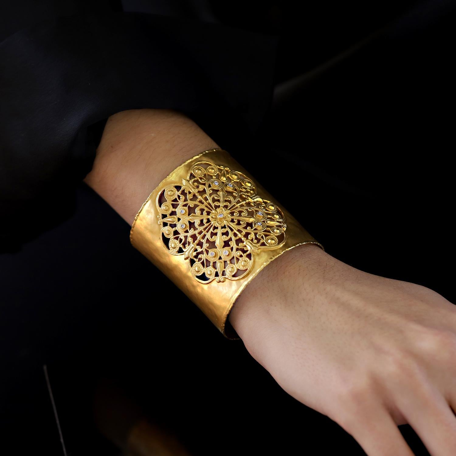 Bold Byzantine Wide Cuff 14k Gold Bangle Bracelet