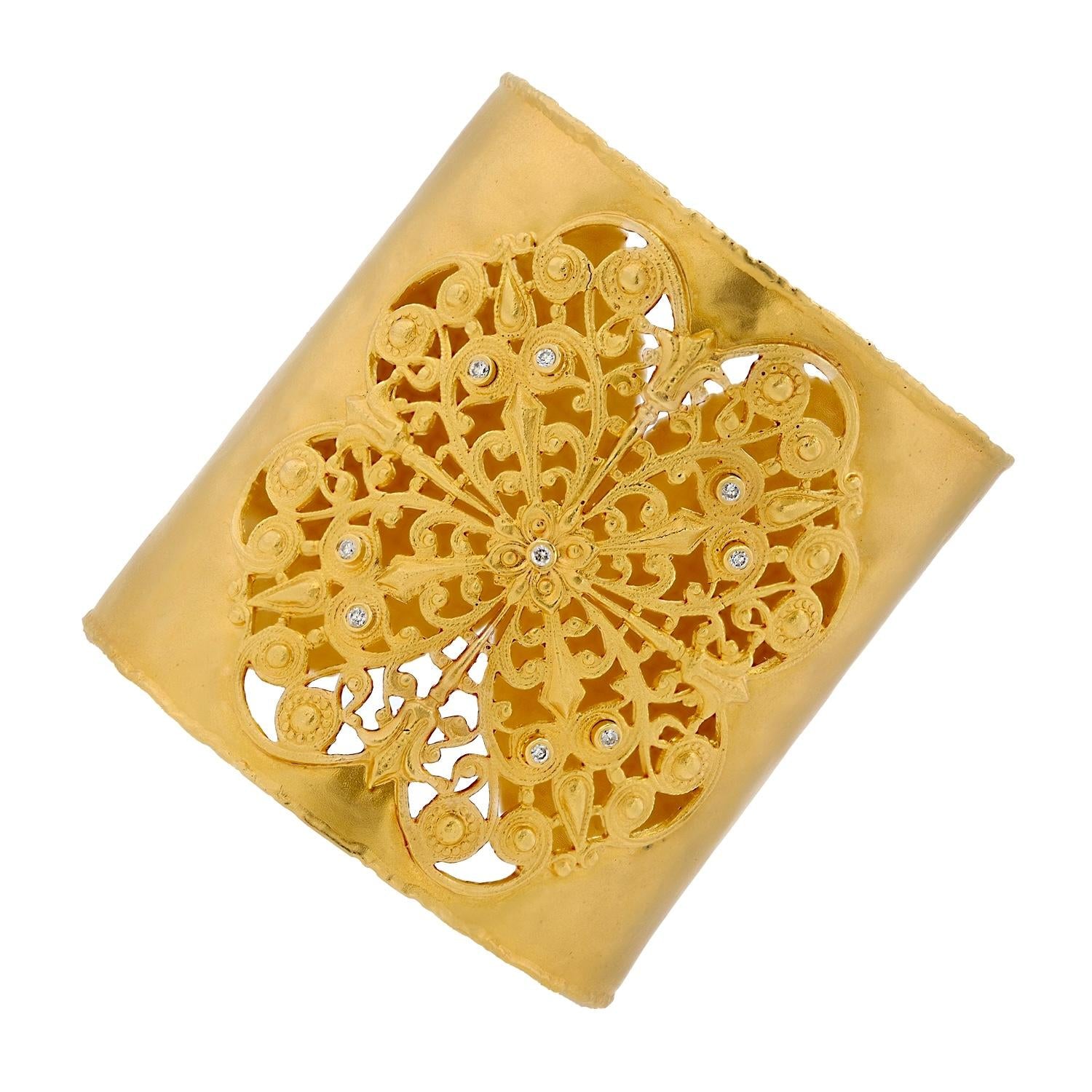 Bold Byzantine Wide Cuff 14k Gold Bangle Bracelet