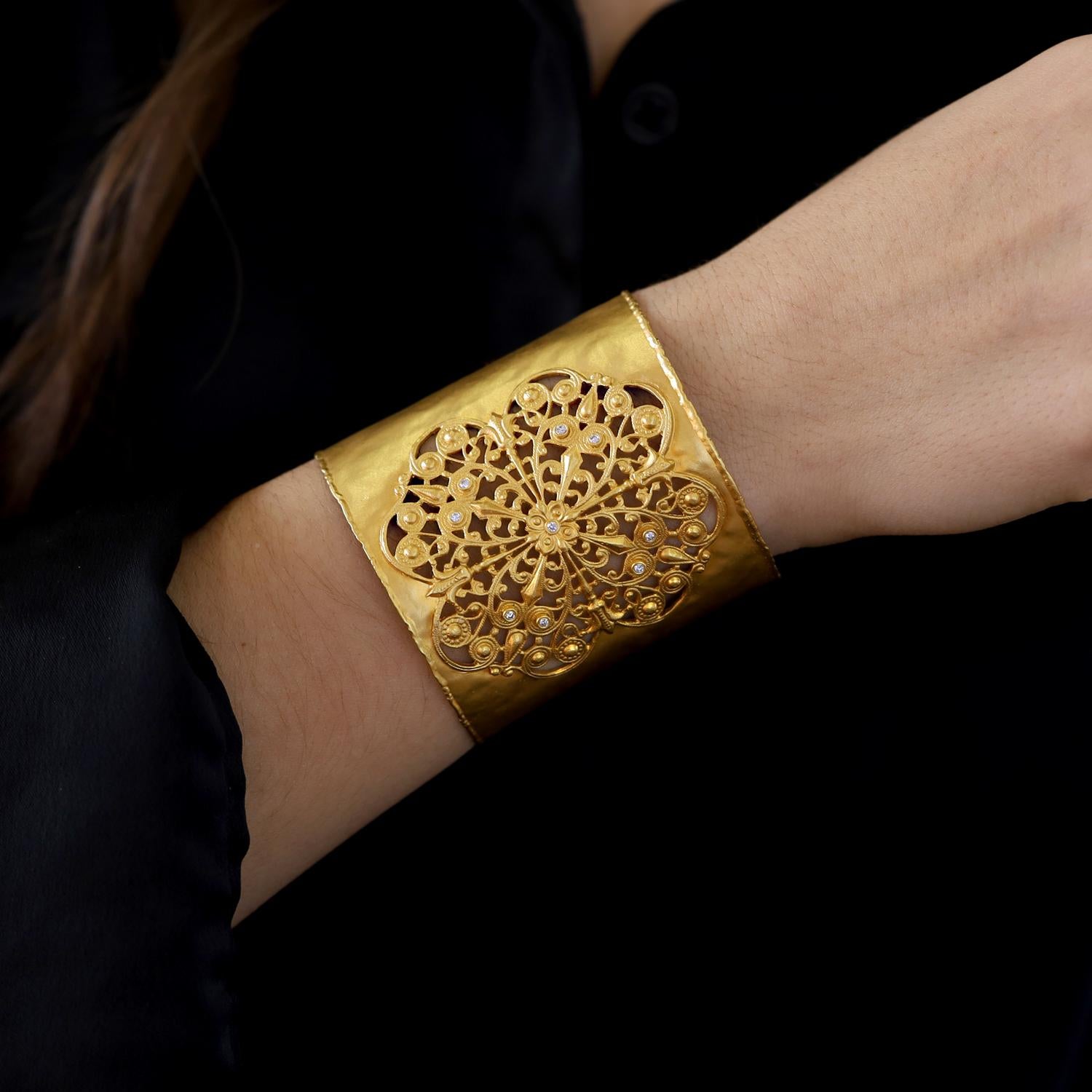 Bold Byzantine Wide Cuff 14k Gold Bangle Bracelet