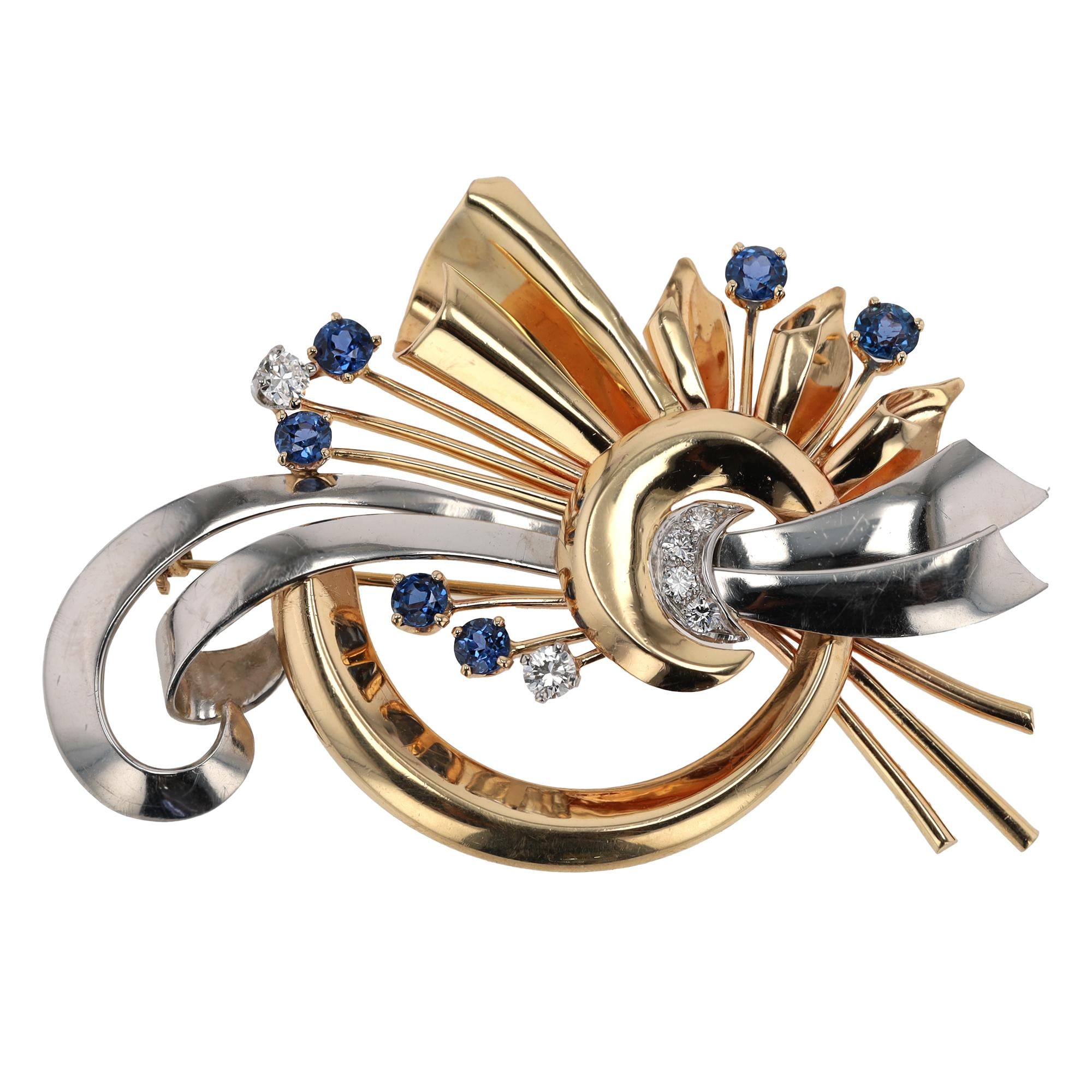 Retro Platinum/Gold Diamond & Sapphire Cosmic Brooch Pin-Pendant