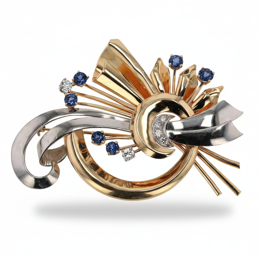 Retro Platinum/Gold Diamond & Sapphire Cosmic Brooch Pin-Pendant