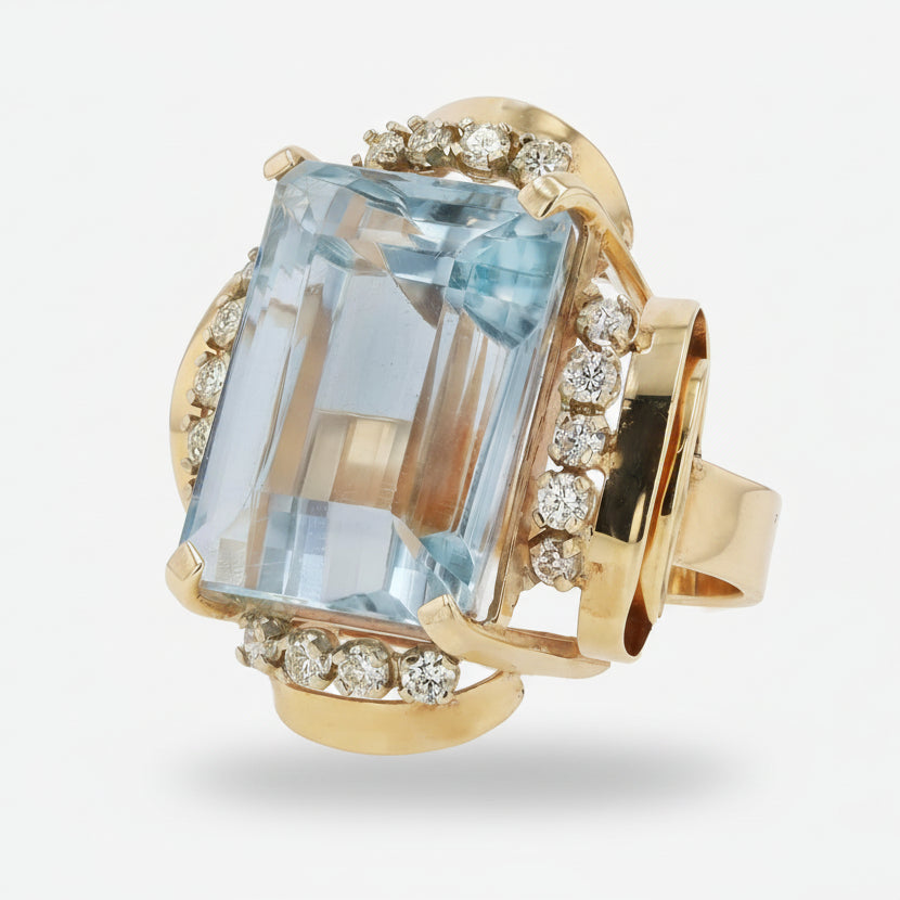 Retro 55 Carat Aquamarine & Diamond Monumental Cocktail Ring