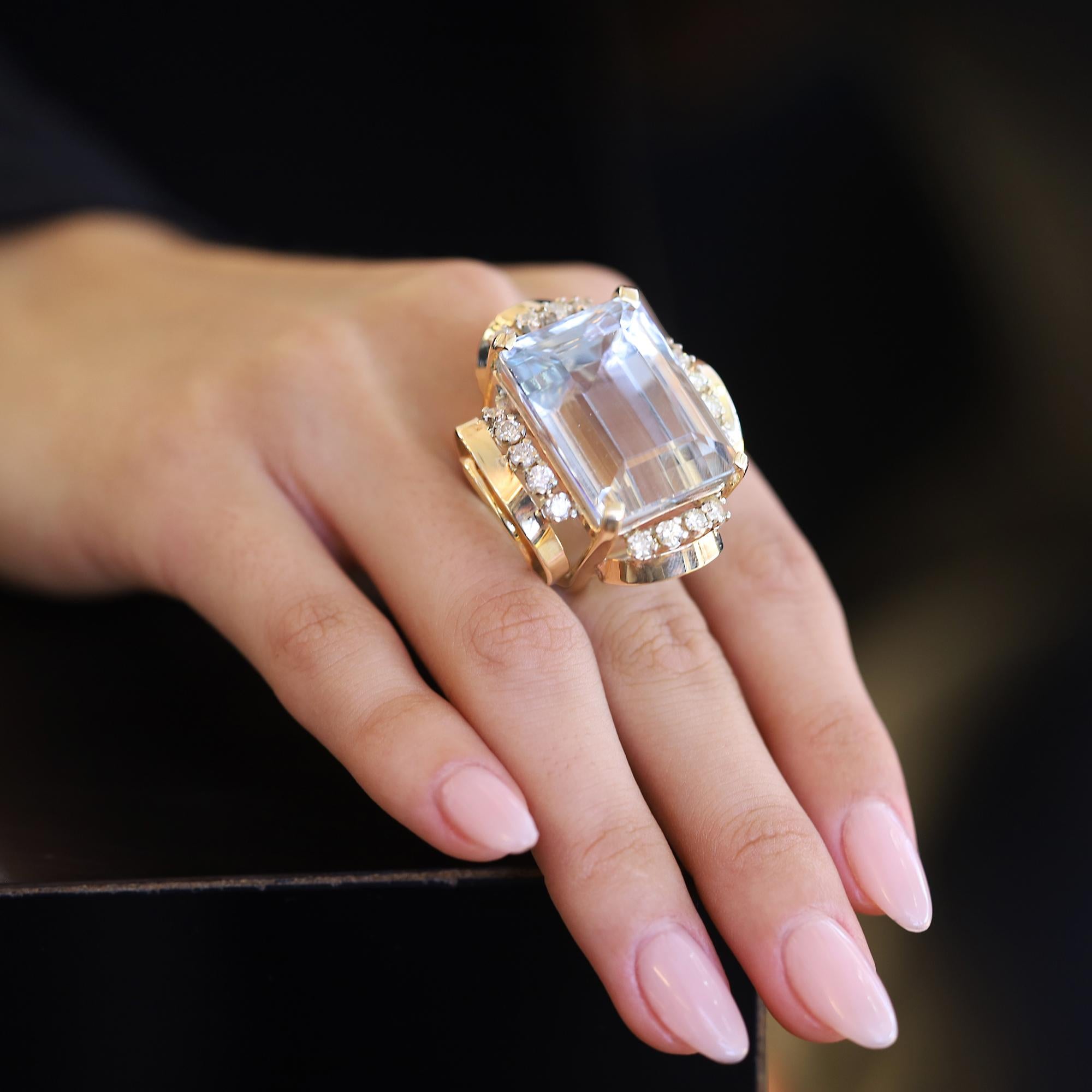 Retro 55 Carat Aquamarine & Diamond Monumental Cocktail Ring