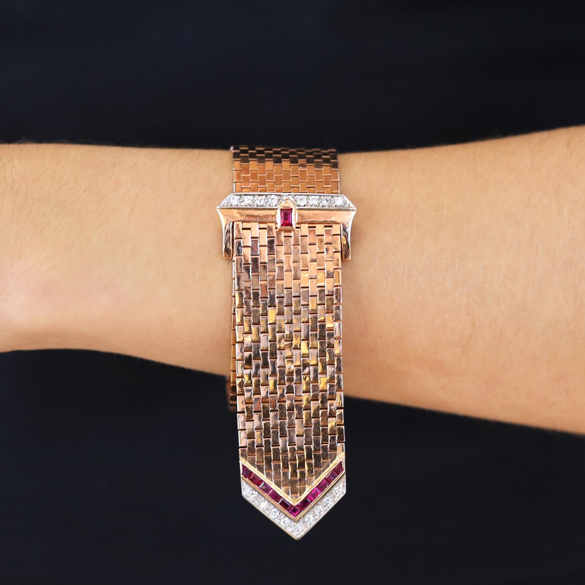 Retro Rose Gold 1940s Diamond Ruby Wide Buckle Bracelet
