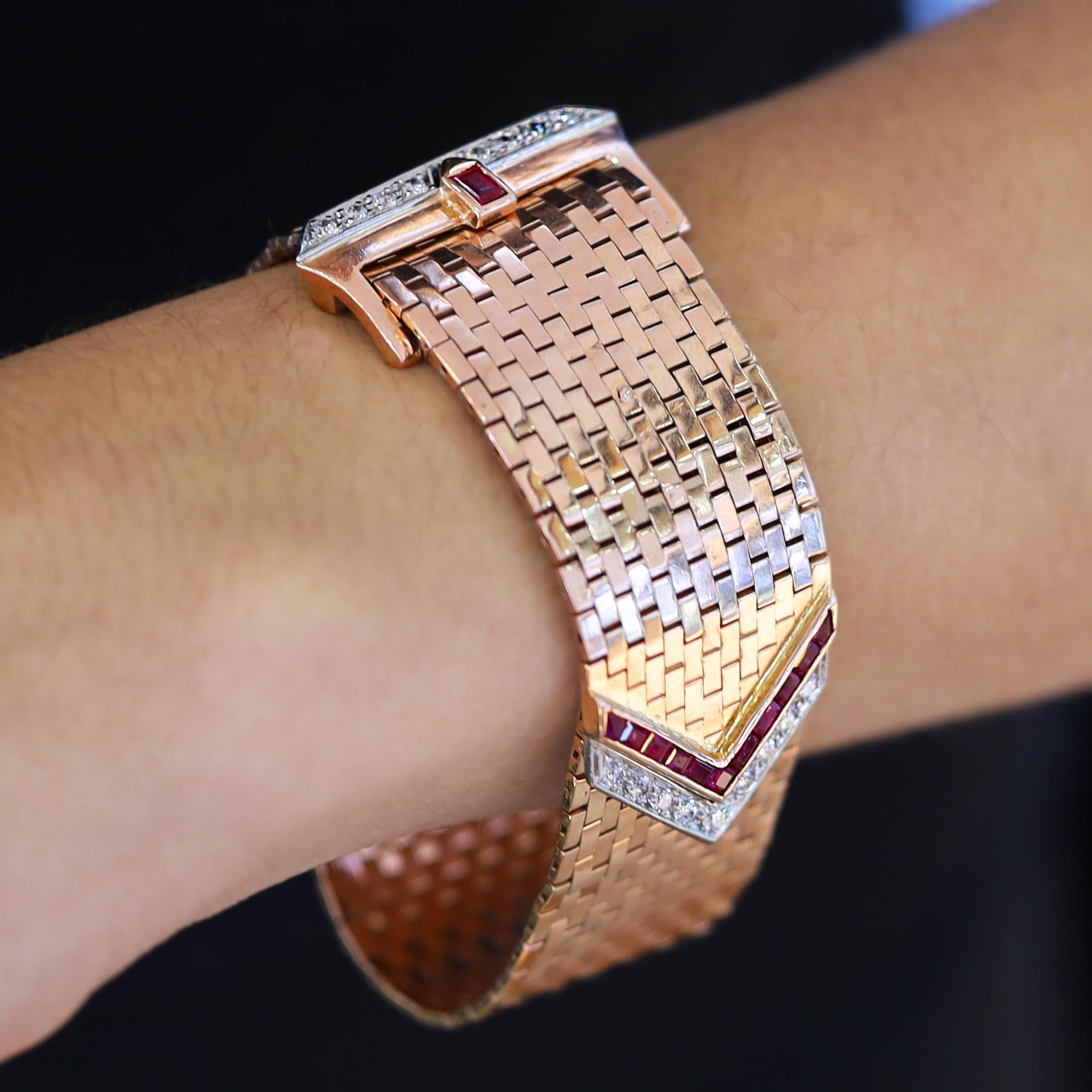 Retro Rose Gold 1940s Diamond Ruby Wide Buckle Bracelet