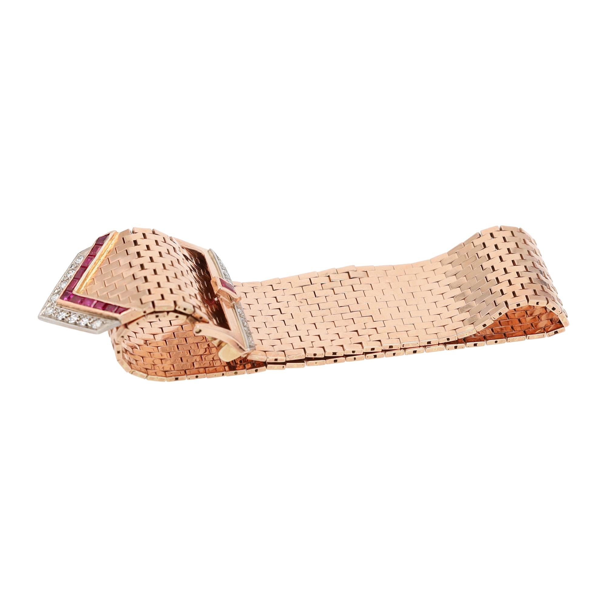 Retro Rose Gold 1940s Diamond Ruby Wide Buckle Bracelet