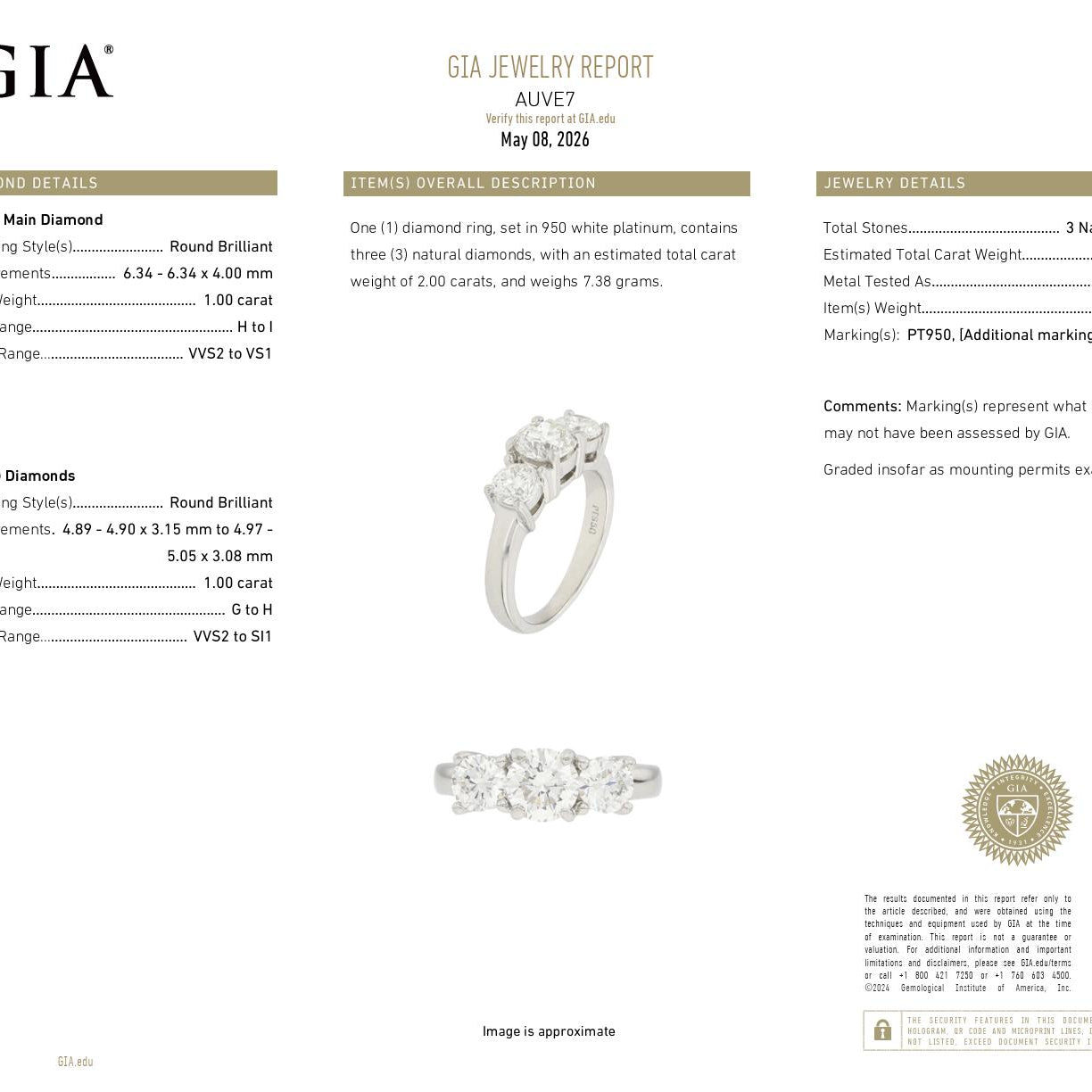 GIA Certified 2.00 Carat Round Natural Diamond 3-Stone Platinum Engagement Ring