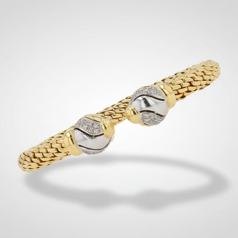 Vintage Signed FOPE Flex'it Mesh Diamond & 18k Gold 2 Tone Open Cuff Bracelet