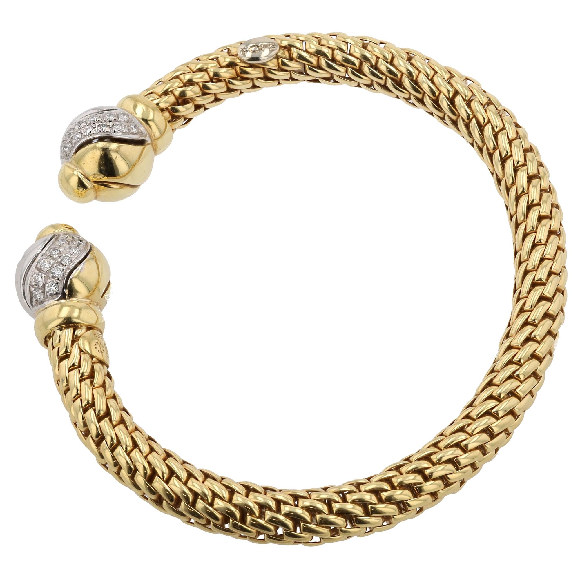 Vintage Signed FOPE Flex'it Mesh Diamond & 18k Gold 2 Tone Open Cuff Bracelet
