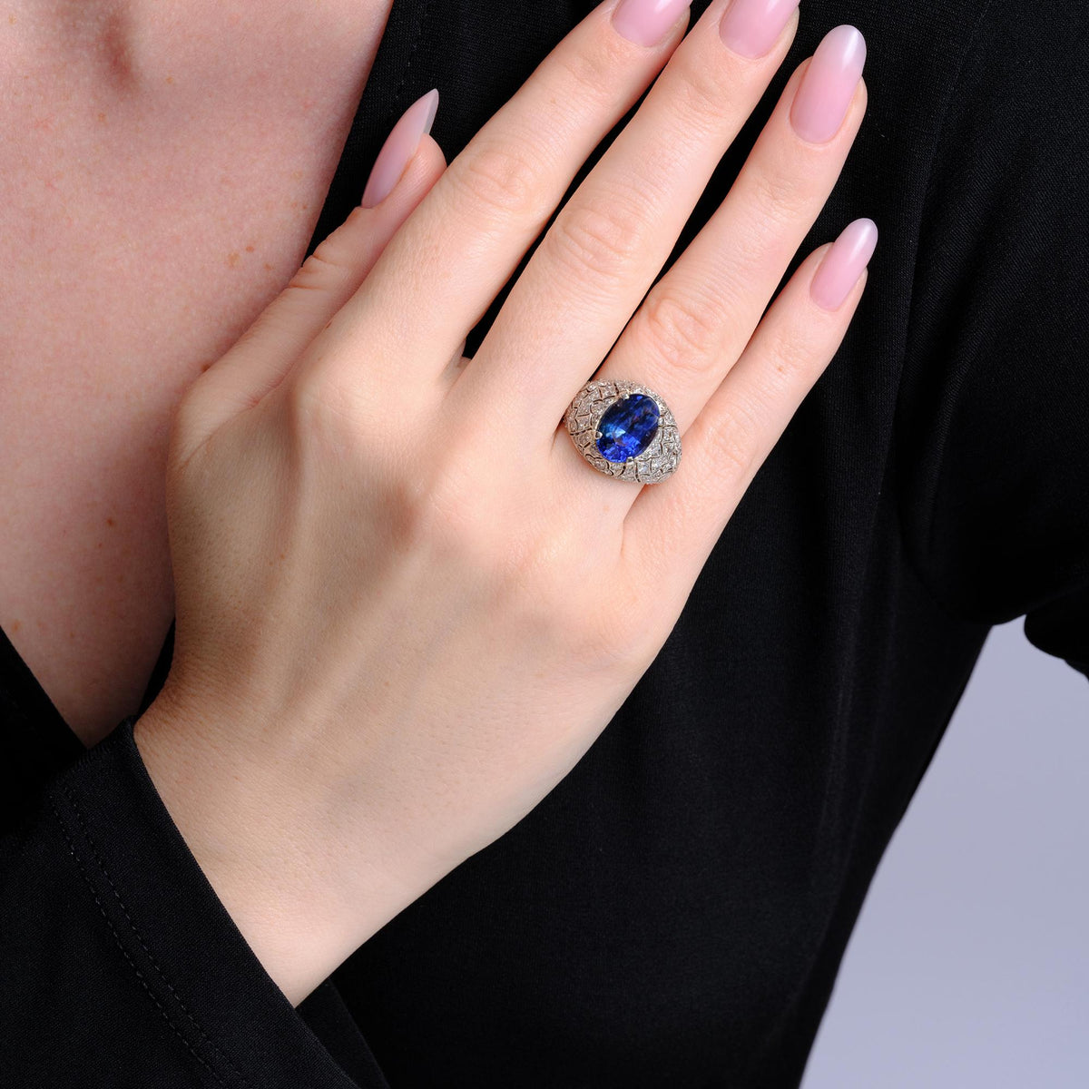 Art Deco 5.50ct Blue Sapphire & 1.50ct Diamond Platinum Filigree Ring