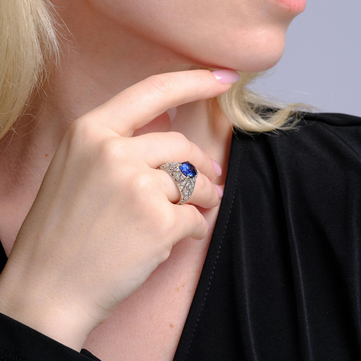 Art Deco 5.50ct Blue Sapphire & 1.50ct Diamond Platinum Filigree Ring