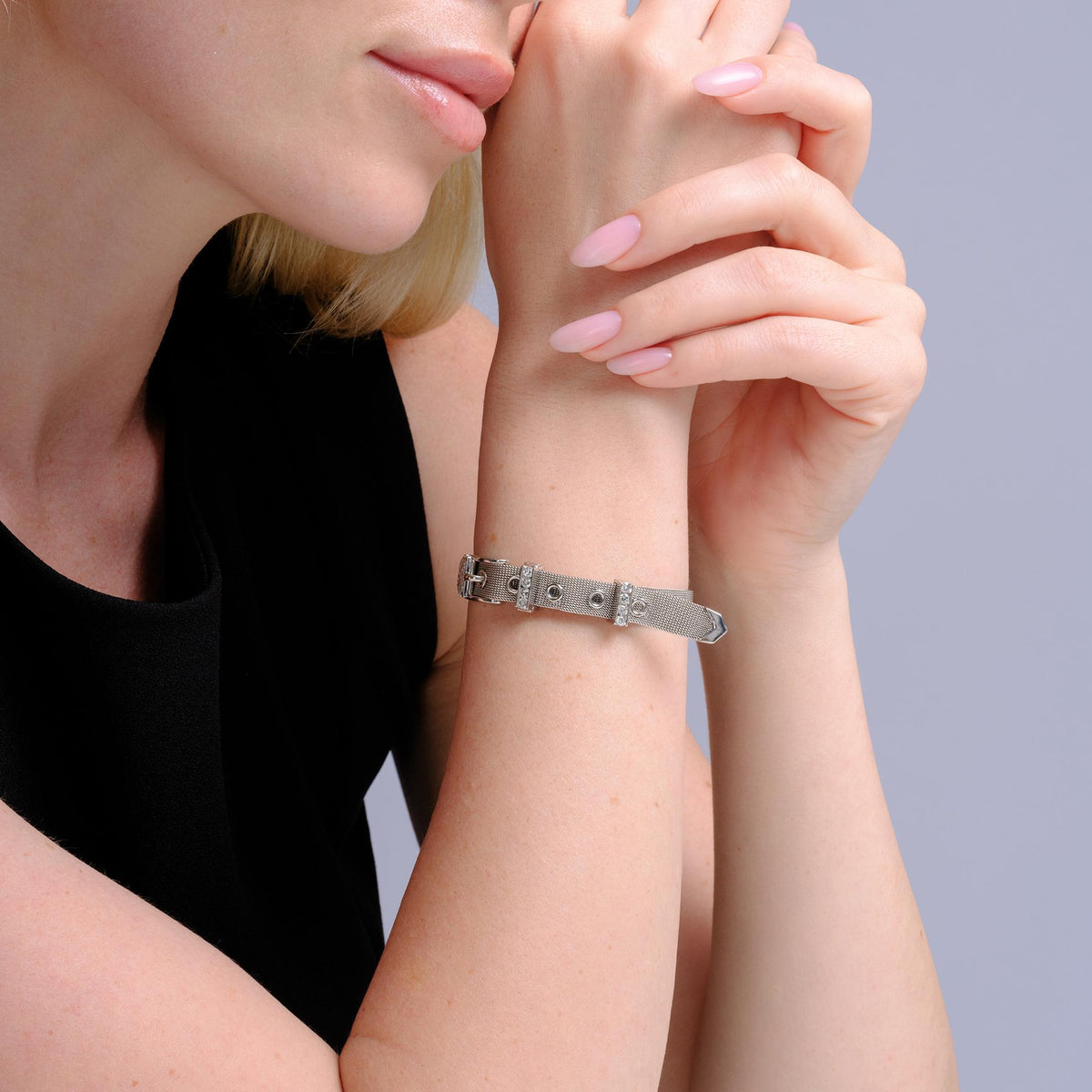 Estate 1970s Italian 14k White Gold Mesh Diamond Buckle Bracelet