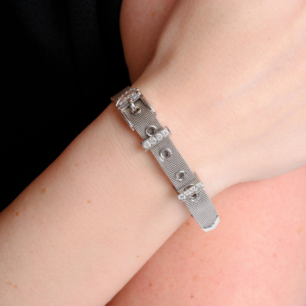 Estate 1970s Italian 14k White Gold Mesh Diamond Buckle Bracelet