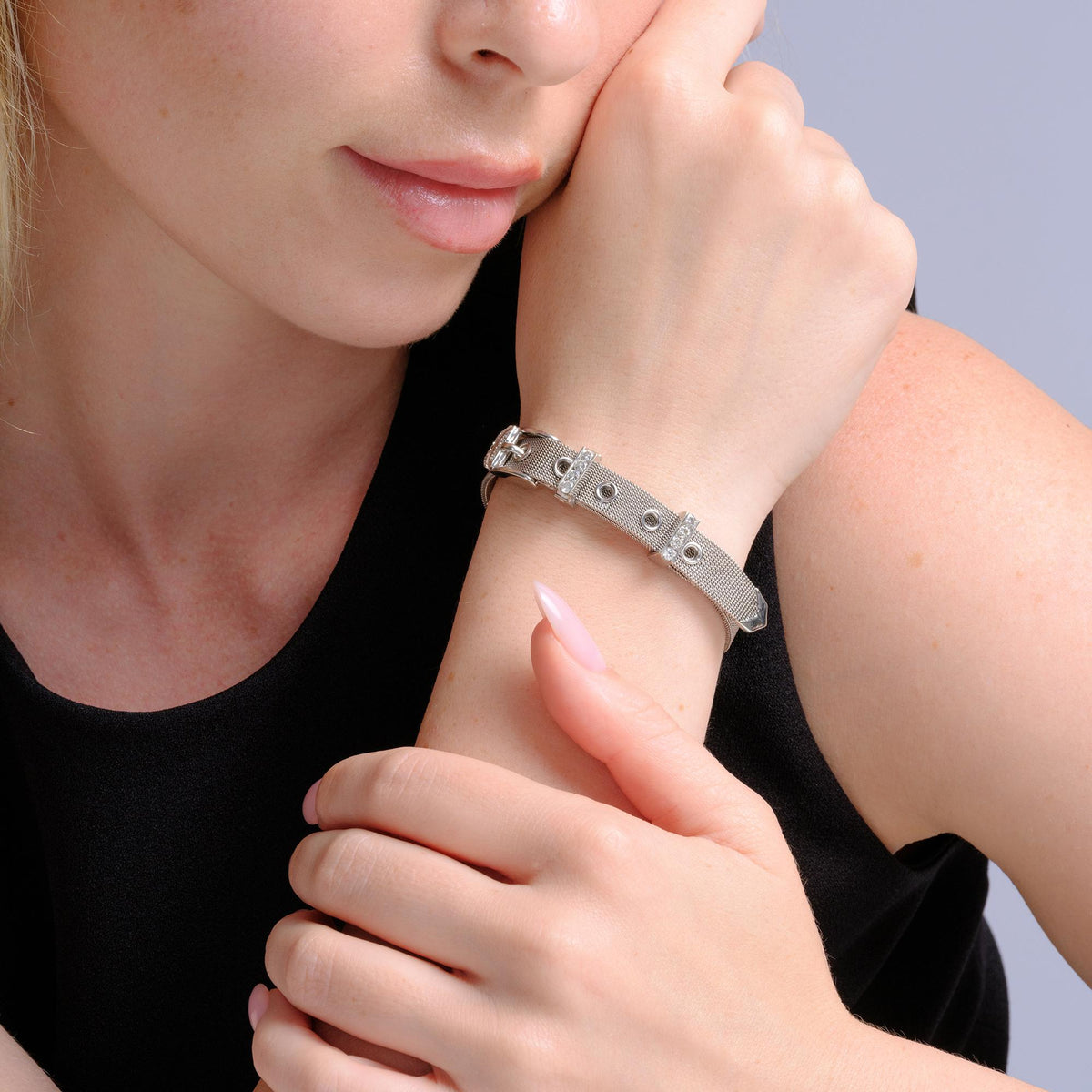 Estate 1970s Italian 14k White Gold Mesh Diamond Buckle Bracelet