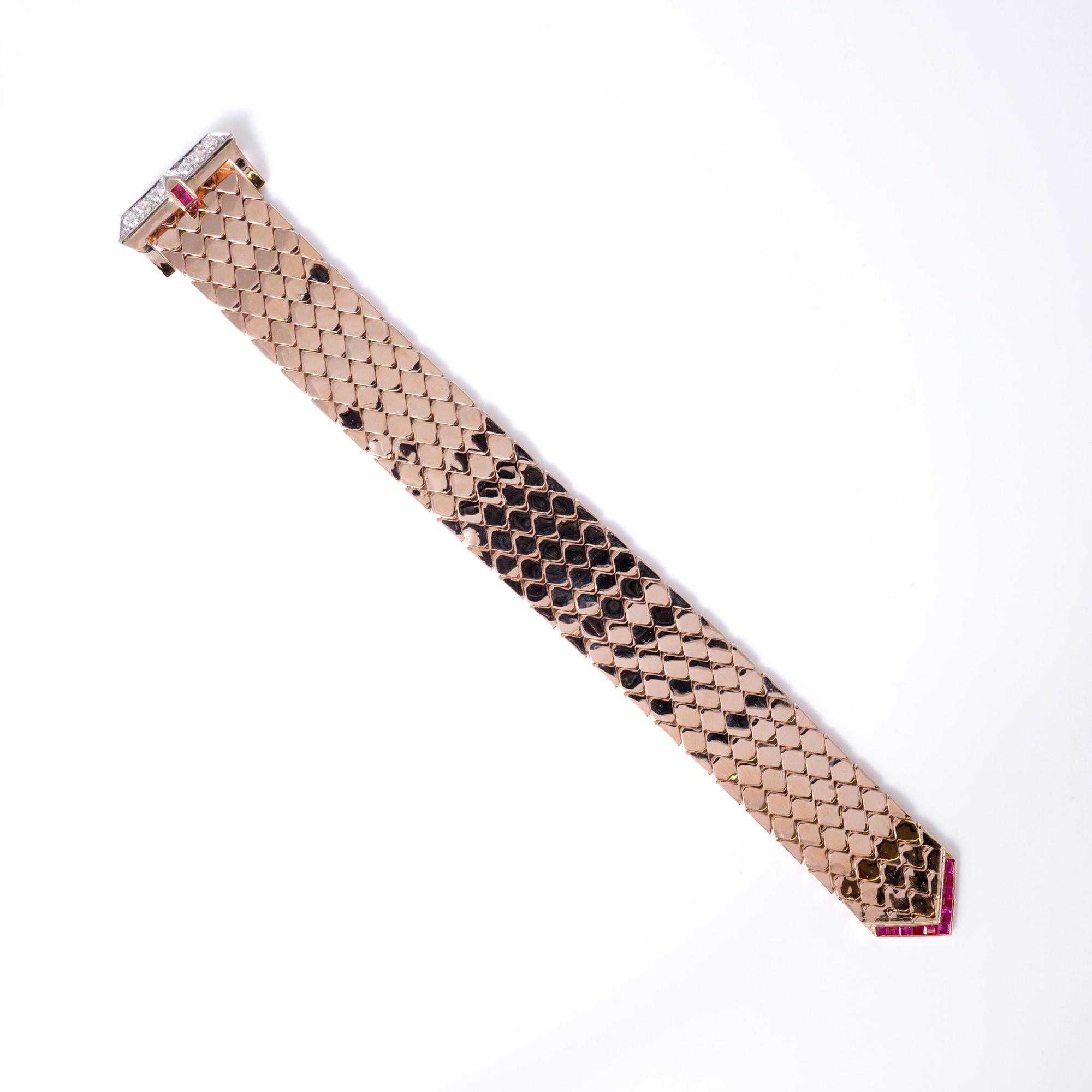 Retro 14k Rose Gold Ruby & Diamond Wide Buckle Bracelet