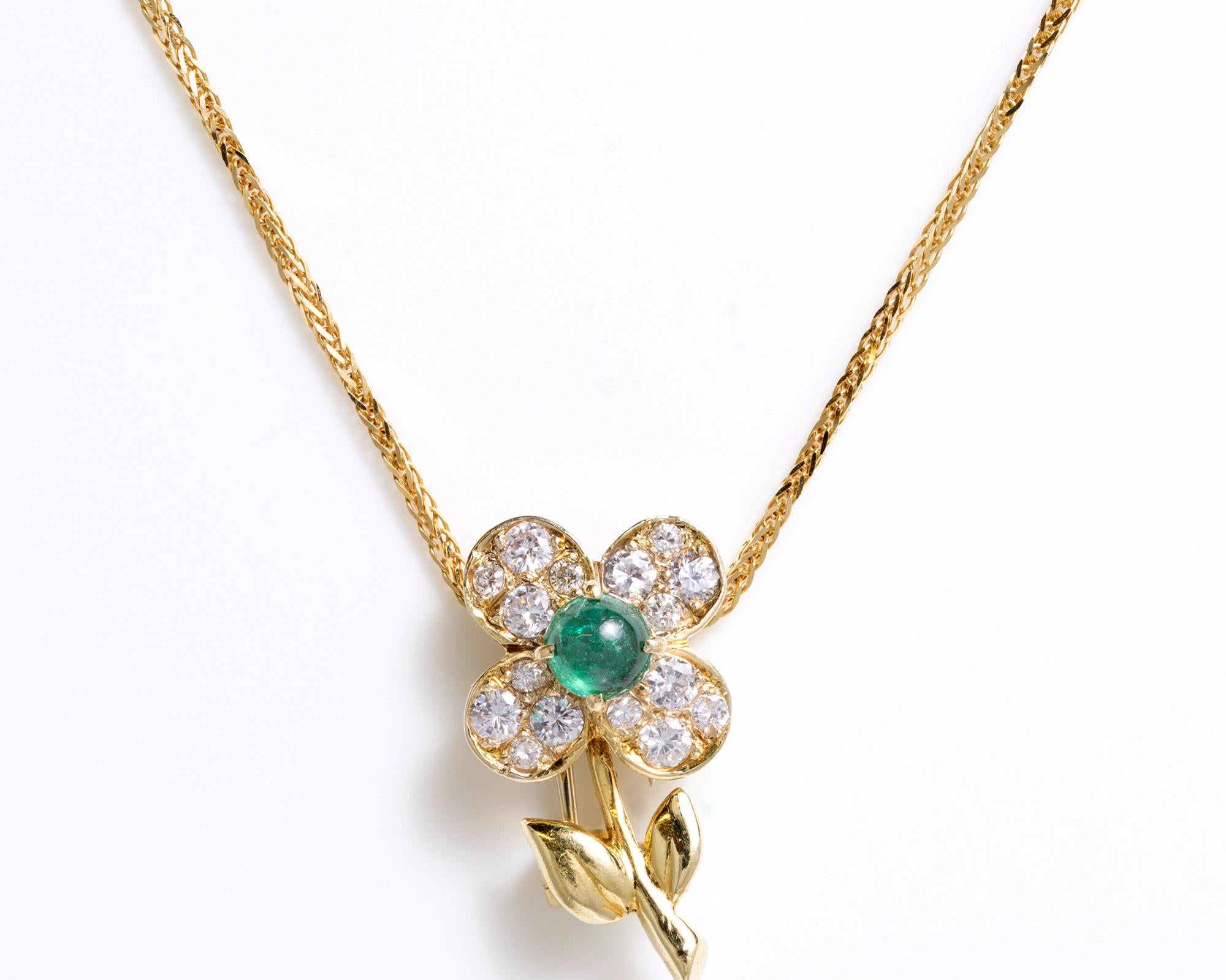 Vintage Van Cleef & Arpels Emerald and Diamond Flower Convertible Pin Pendant