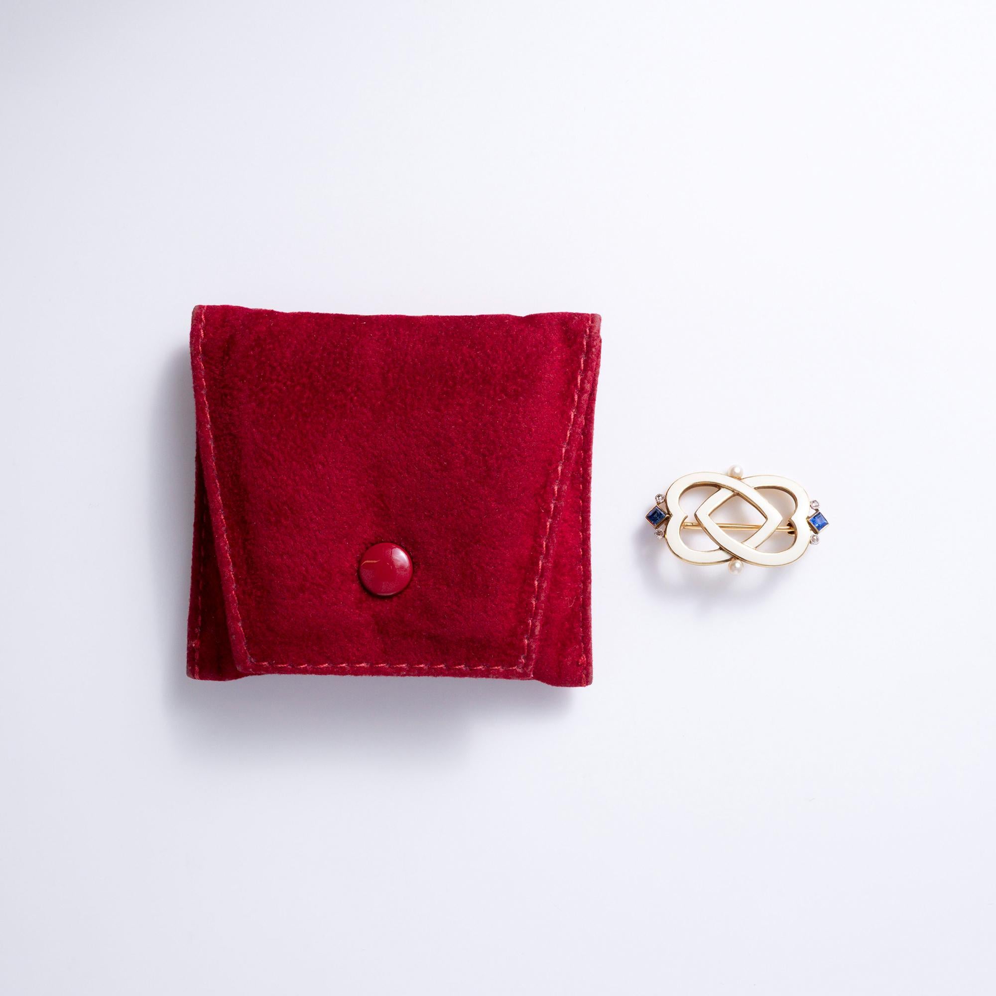 Antique Cartier Art Deco Sapphire & Enamel Interlocking Hearts Brooch