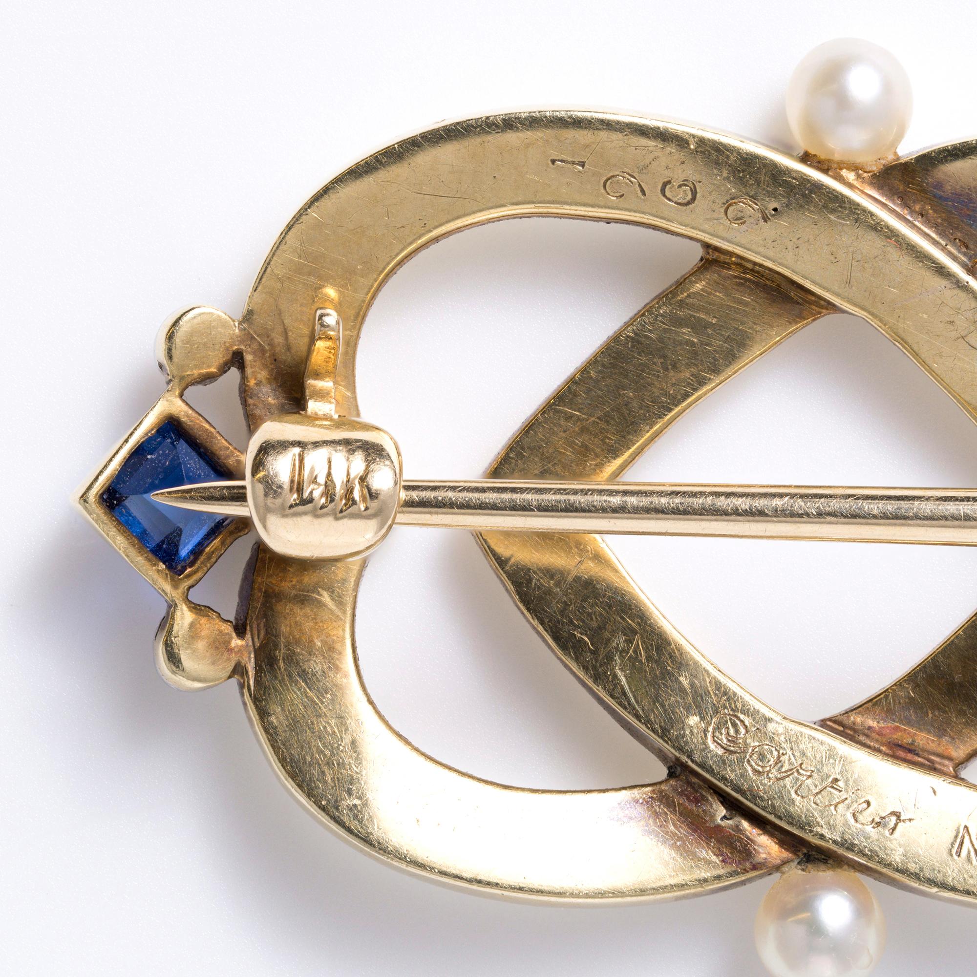 Antique Cartier Art Deco Sapphire & Enamel Interlocking Hearts Brooch