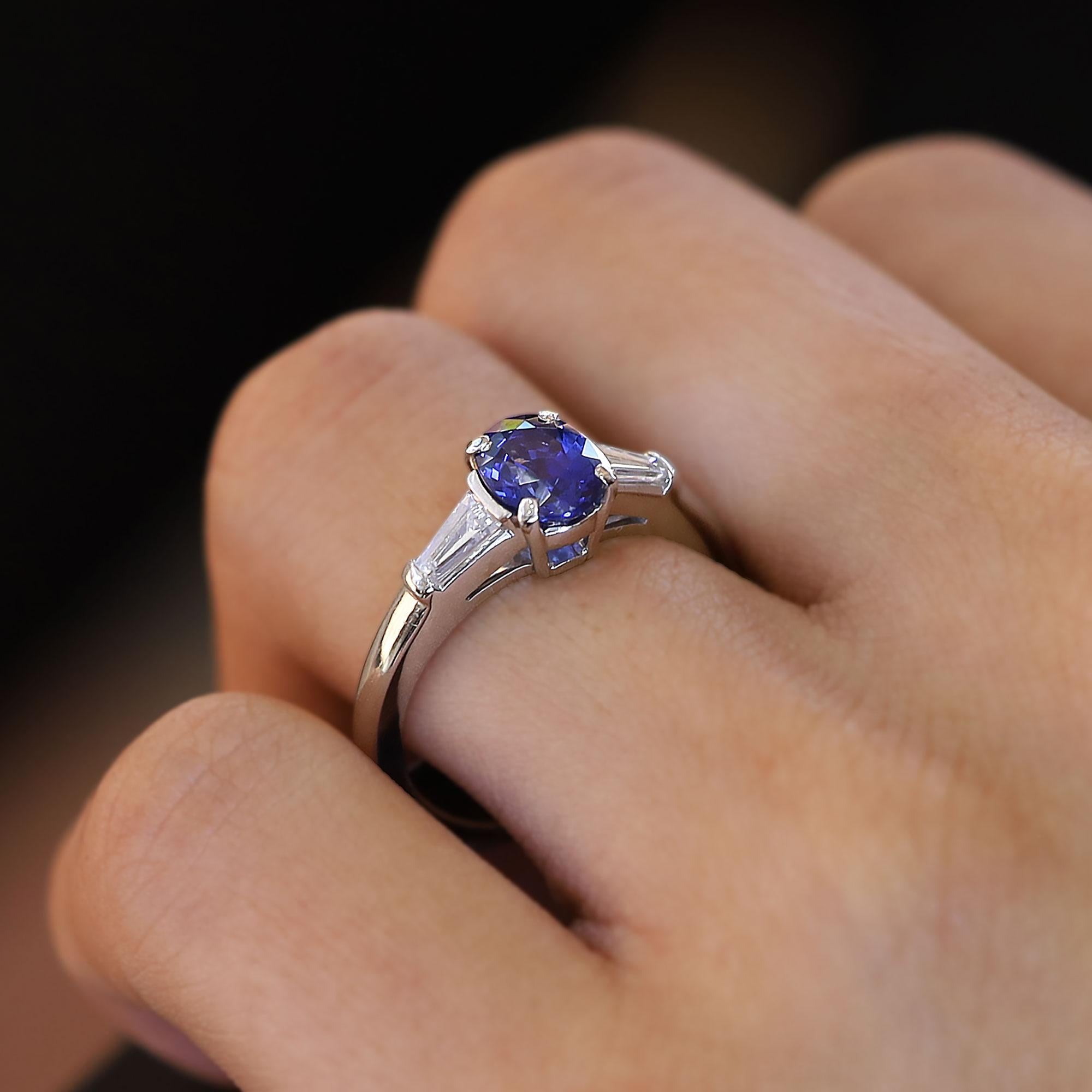 Vintage Platinum Tiffany & Co Oval Sapphire & Diamond 3 Stone Engagement Ring