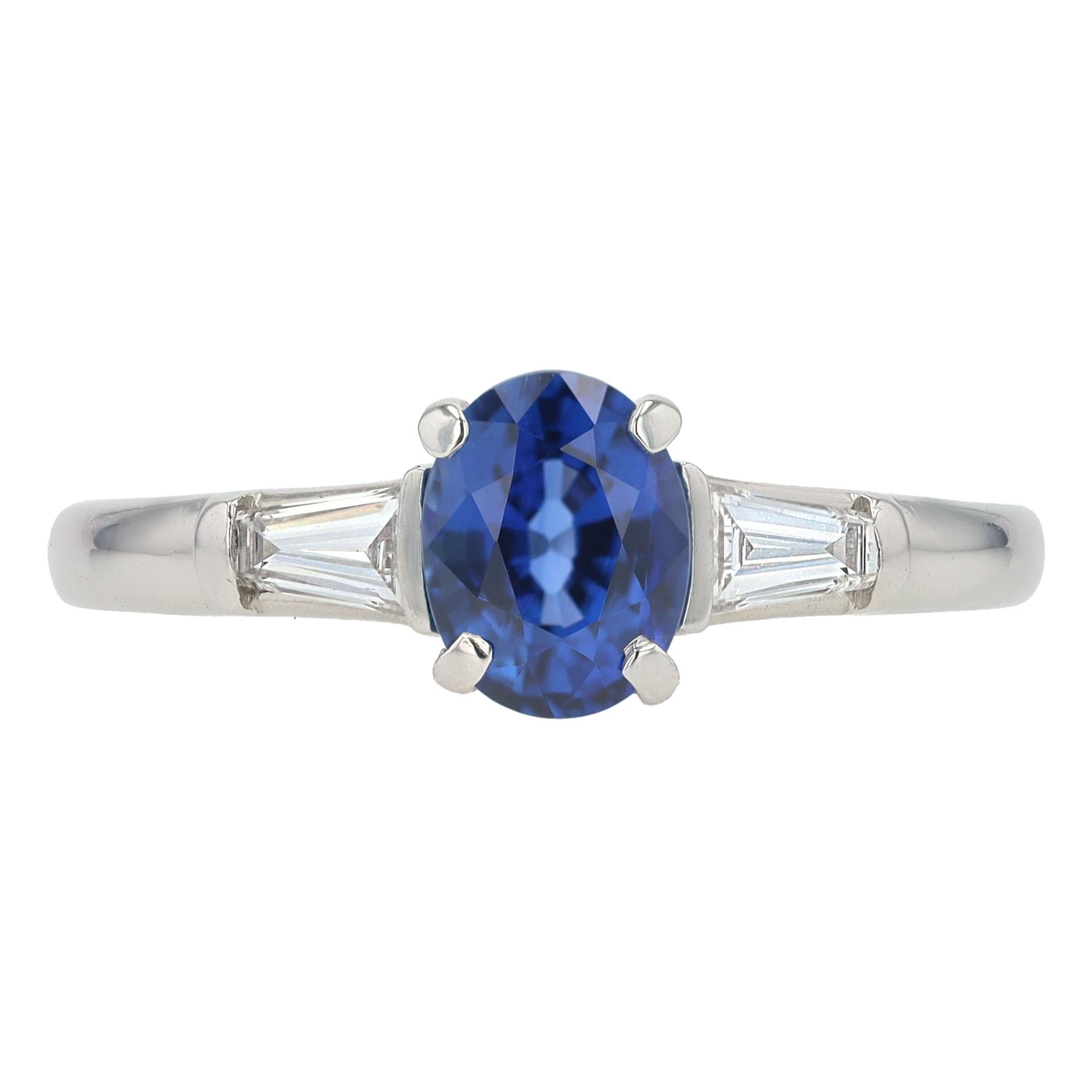 Vintage Platinum Tiffany & Co Oval Sapphire & Diamond 3 Stone Engagement Ring