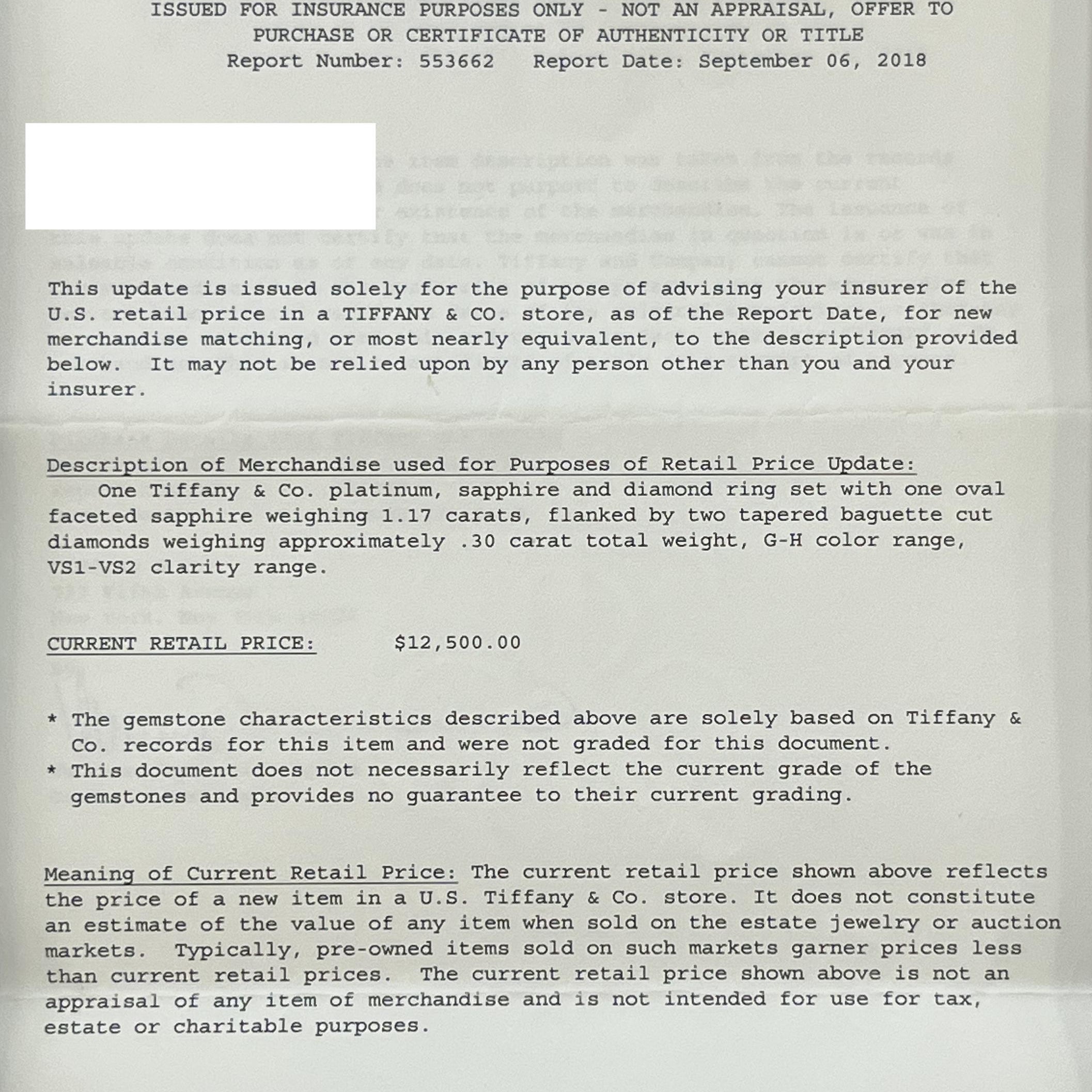 Vintage Platinum Tiffany & Co Oval Sapphire & Diamond 3 Stone Engagement Ring