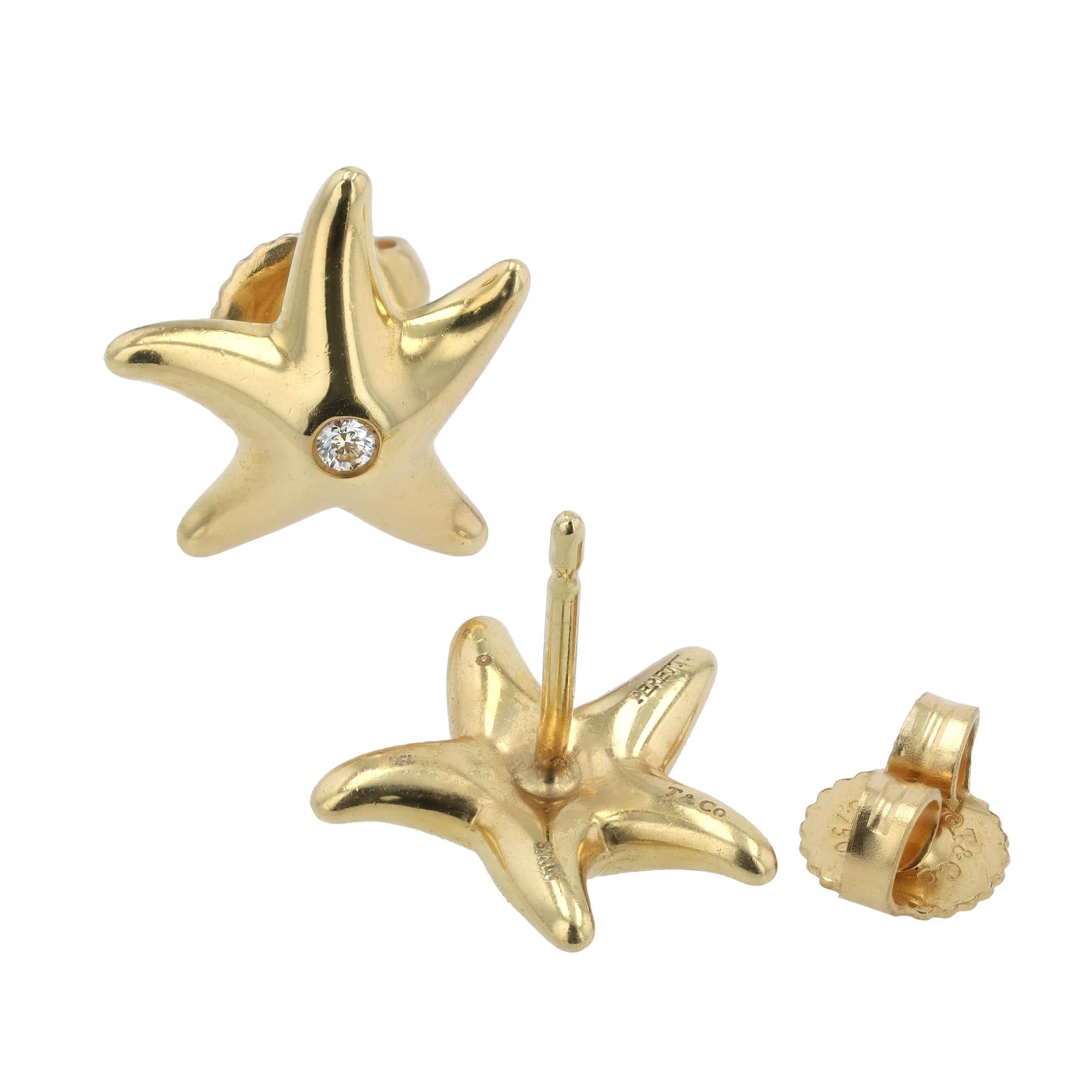 Vintage Tiffany & Co Elsa Peretti Diamond Starfish Gold Stud Earrings