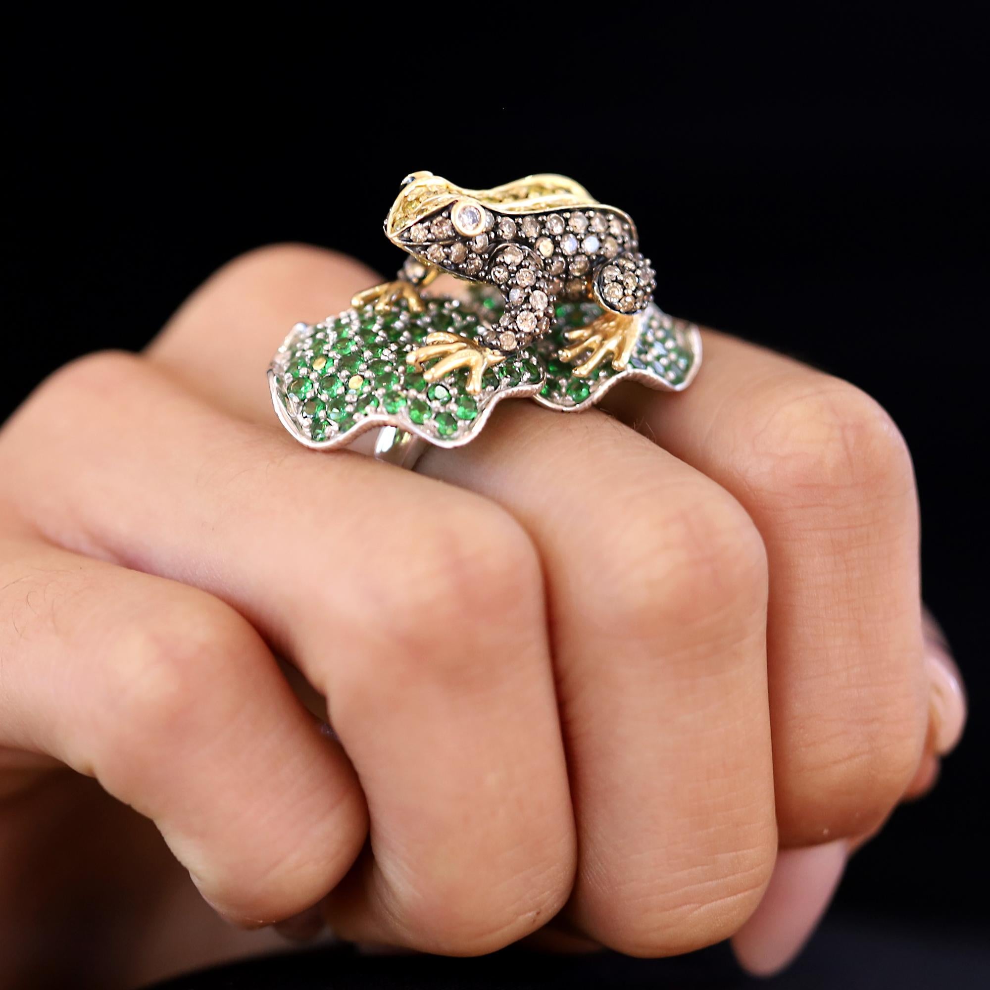 Tsavorite & Diamond 14k Gold Frog Vintage Cocktail Ring