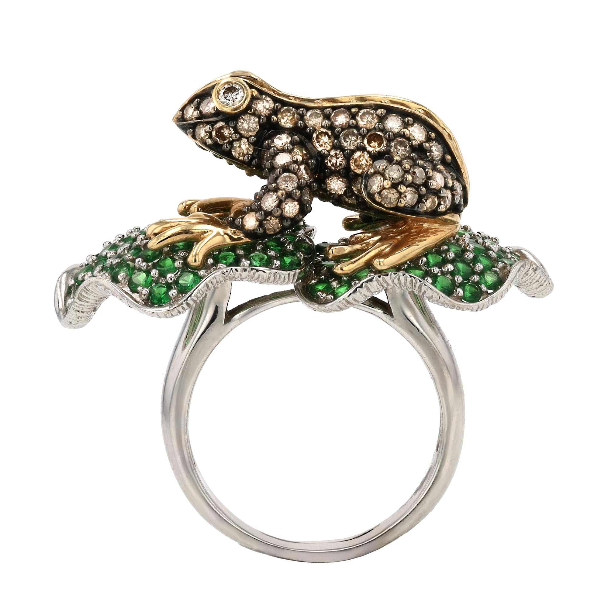 Tsavorite & Diamond 14k Gold Frog Vintage Cocktail Ring