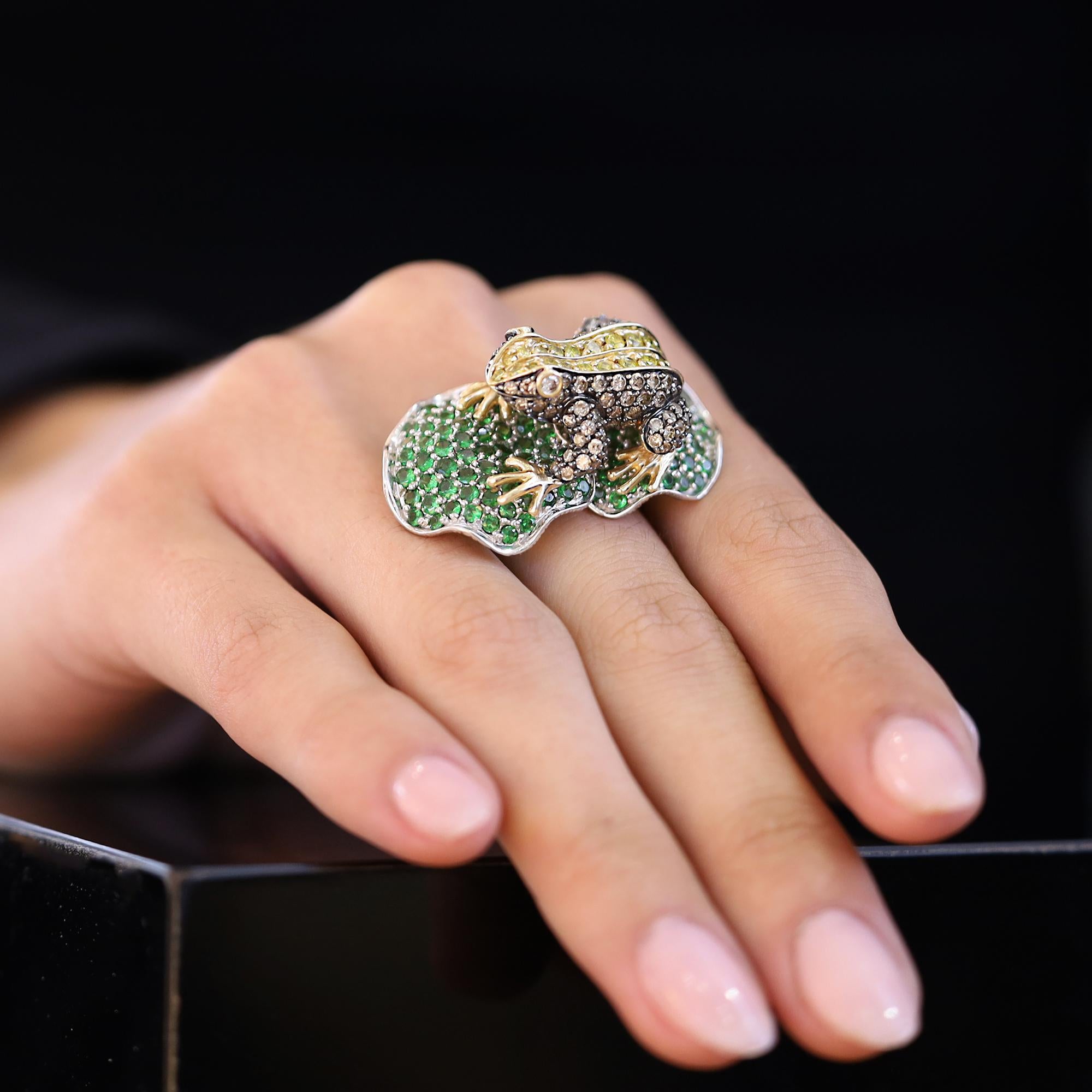 Tsavorite & Diamond 14k Gold Frog Vintage Cocktail Ring