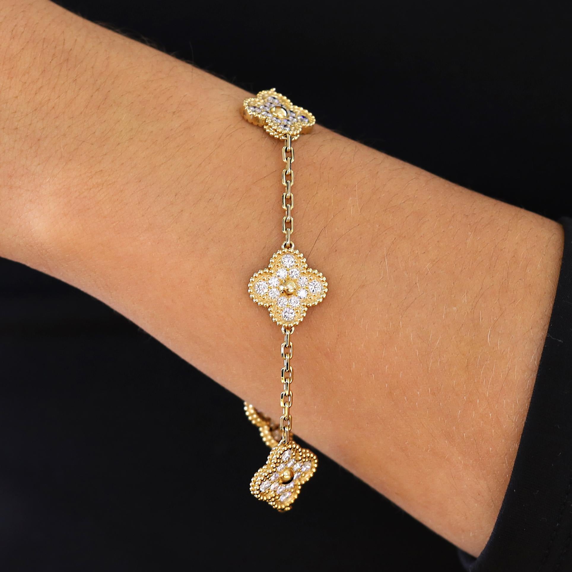 Vintage Van Cleef & Arpels Alhambra 5 Motif Diamond 18k Yellow Gold Bracelet