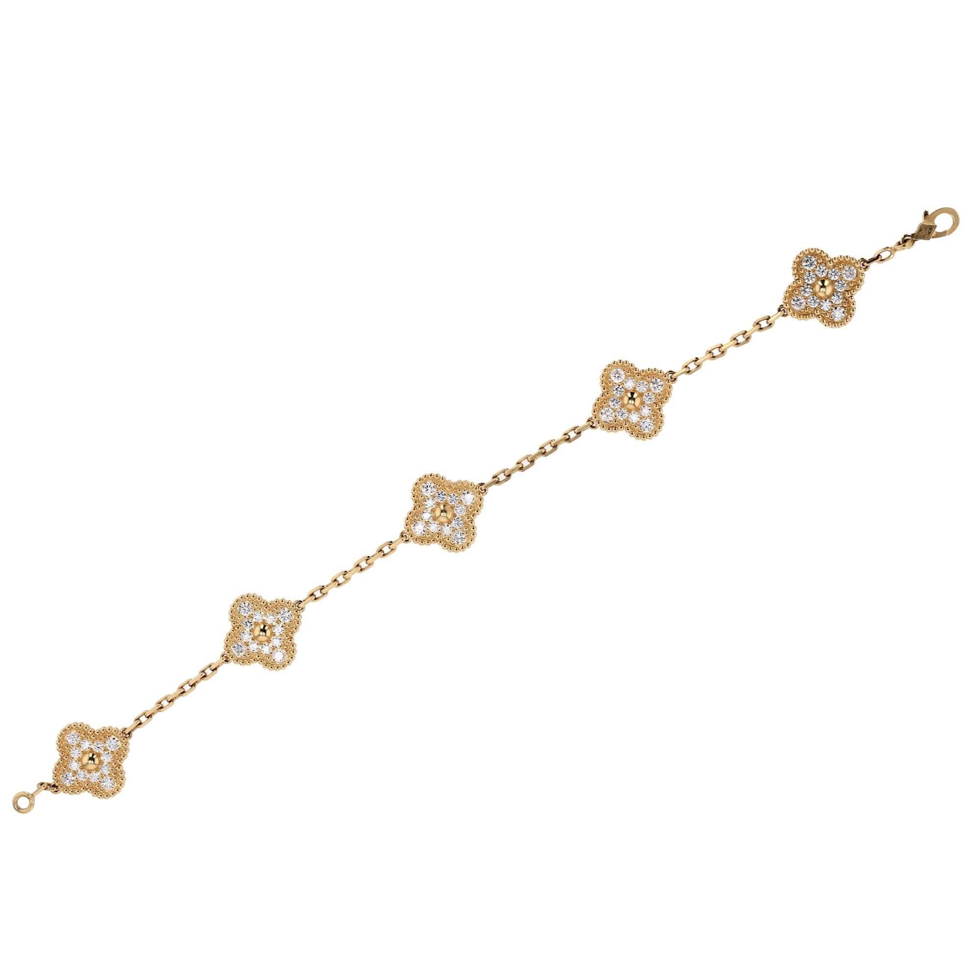 Vintage Van Cleef & Arpels Alhambra 5 Motif Diamond 18k Yellow Gold Bracelet