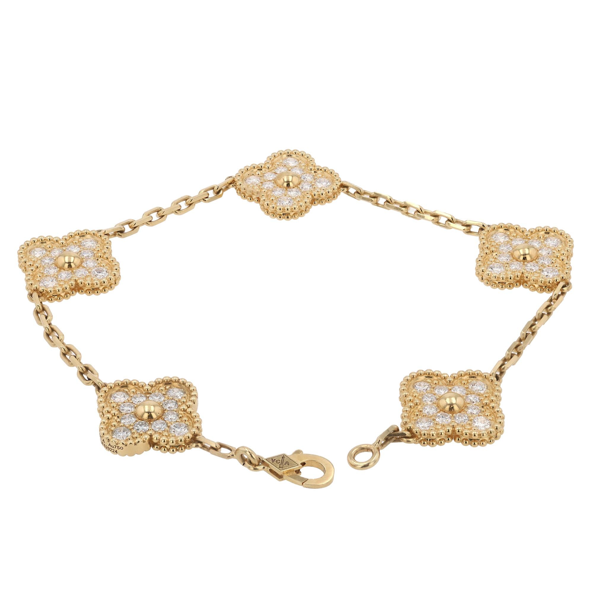 Vintage Van Cleef & Arpels Alhambra 5 Motif Diamond 18k Yellow Gold Bracelet
