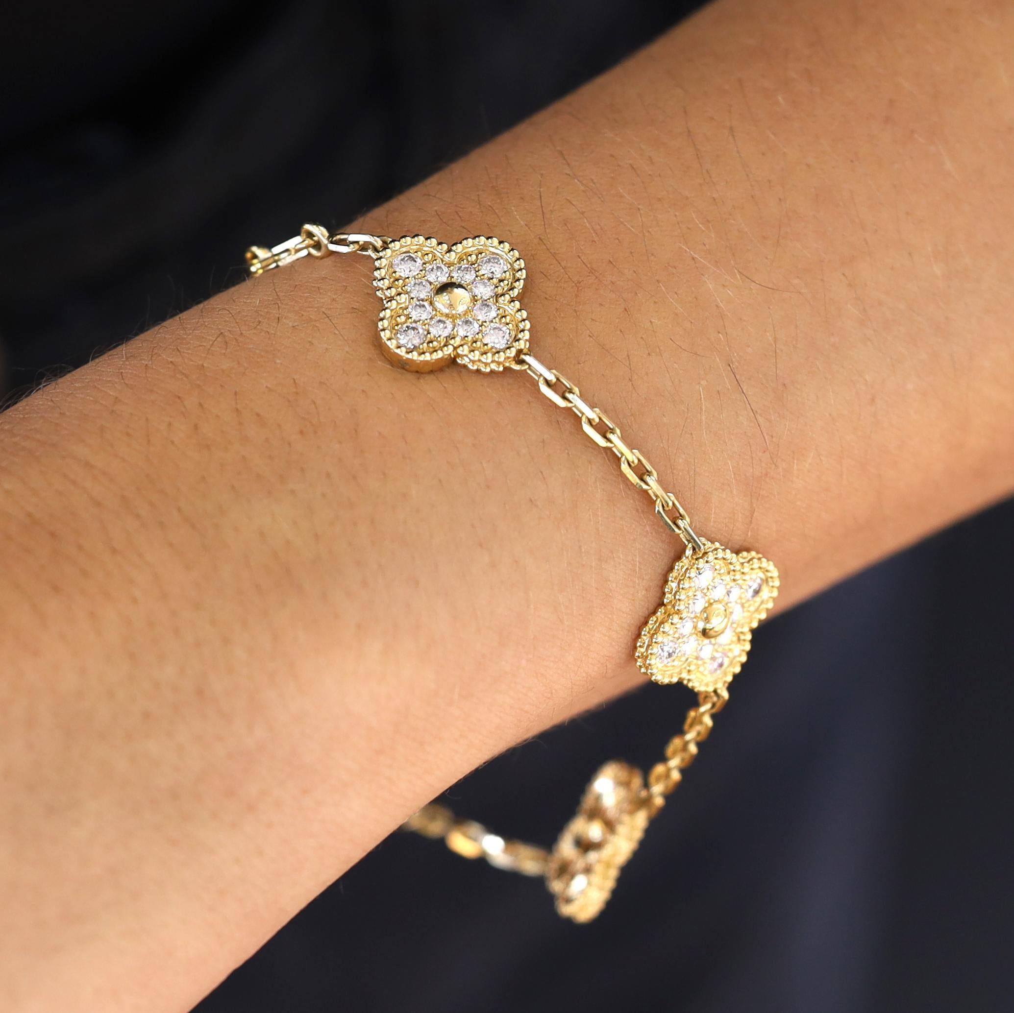 Vintage Van Cleef & Arpels Alhambra 5 Motif Diamond 18k Yellow Gold Bracelet