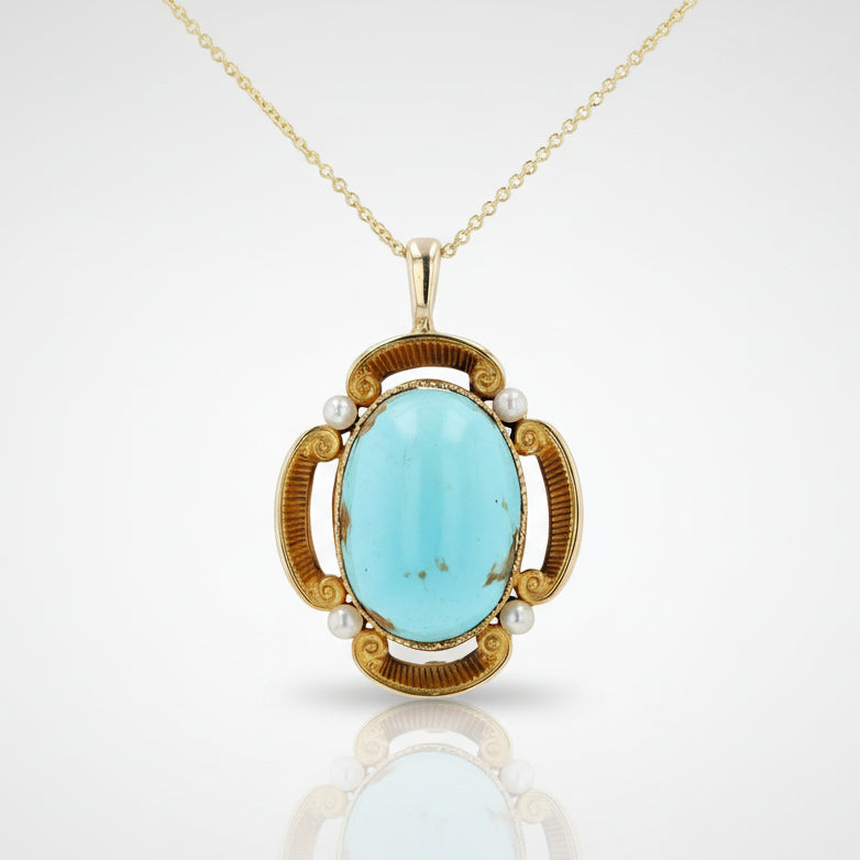 Etruscan Revival Robin's Egg Blue Turquoise and Pearl Necklace