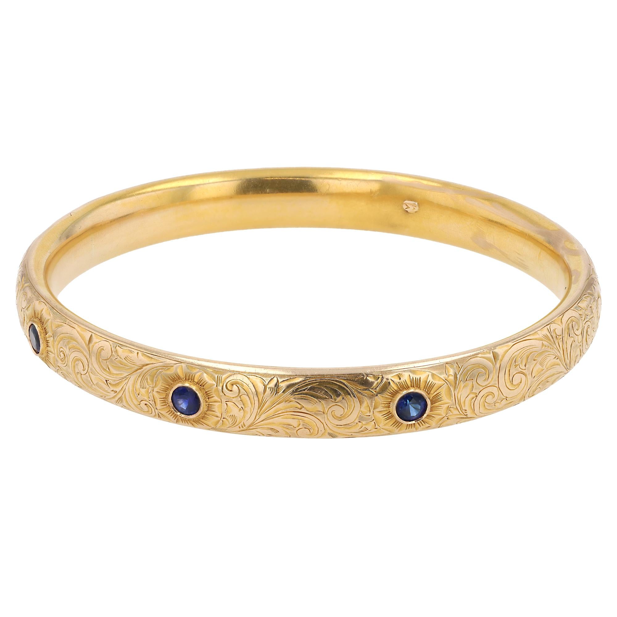 Antique English Victorian 16k Yellow Gold Engraved Sapphire Bangle Bracelet