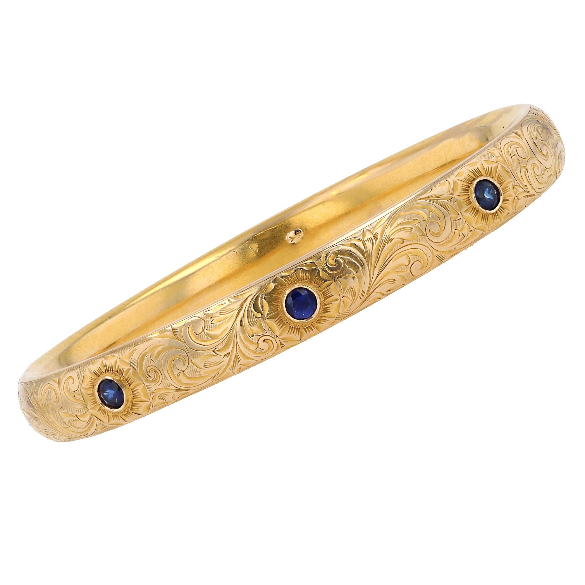 Antique English Victorian 16k Yellow Gold Engraved Sapphire Bangle Bracelet