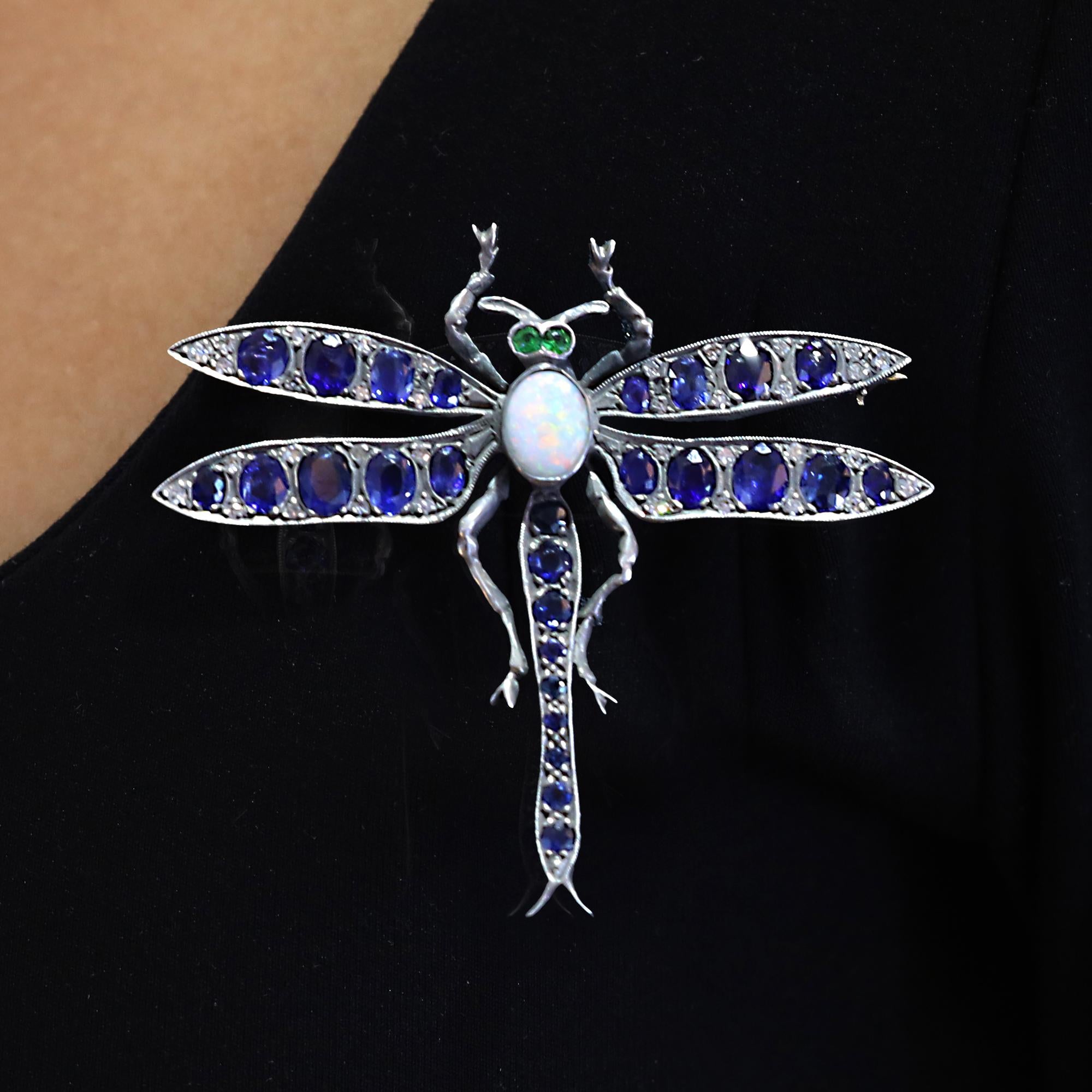 Victorian Sapphire Dragonfly 14k/Silver Brooch Pin