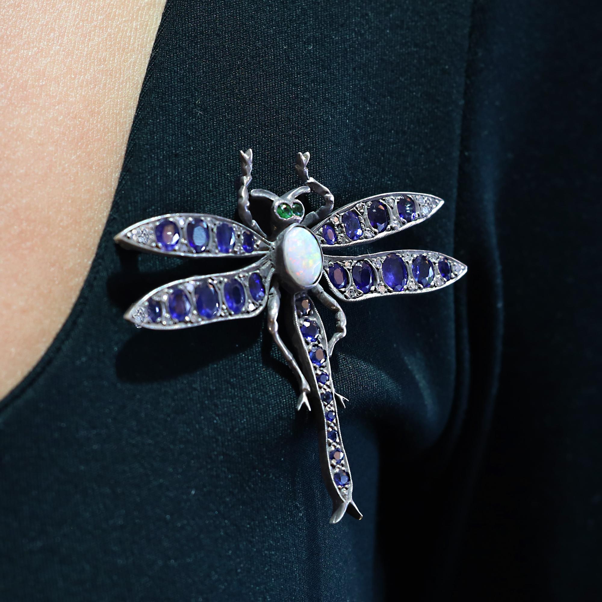 Victorian Sapphire Dragonfly 14k/Silver Brooch Pin