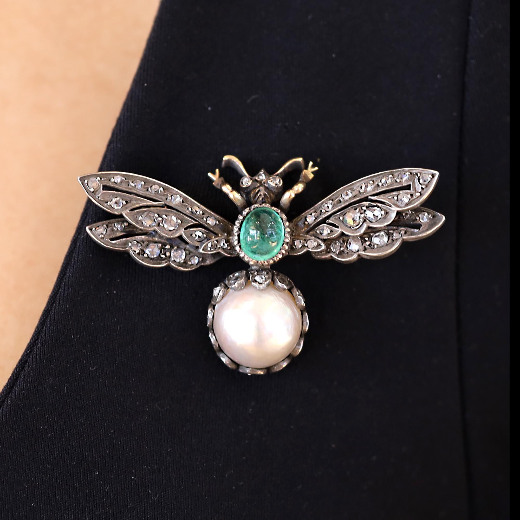 Victorian Diamond Emerald Pearl Bee Pin Brooch