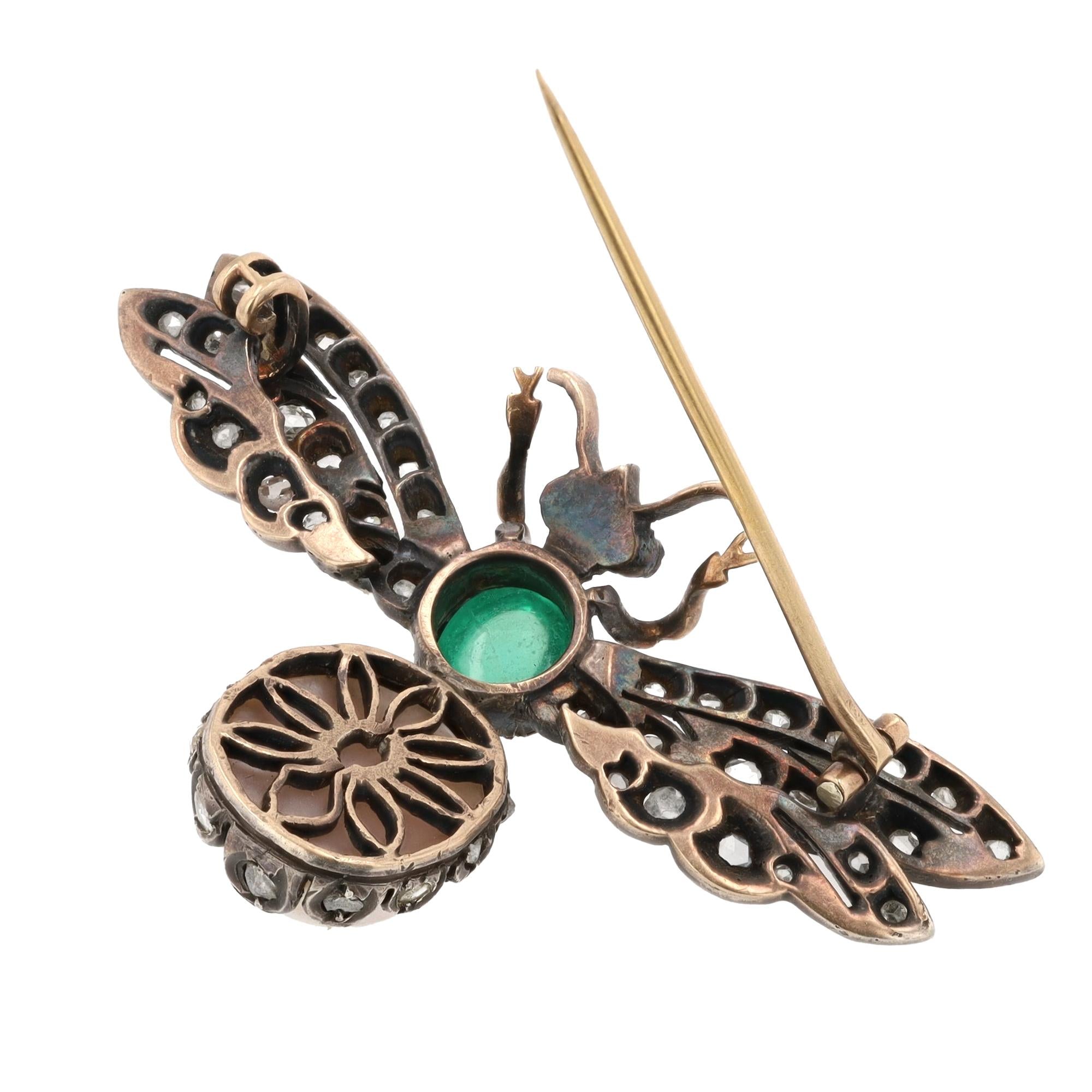 Victorian Diamond Emerald Pearl Bee Pin Brooch