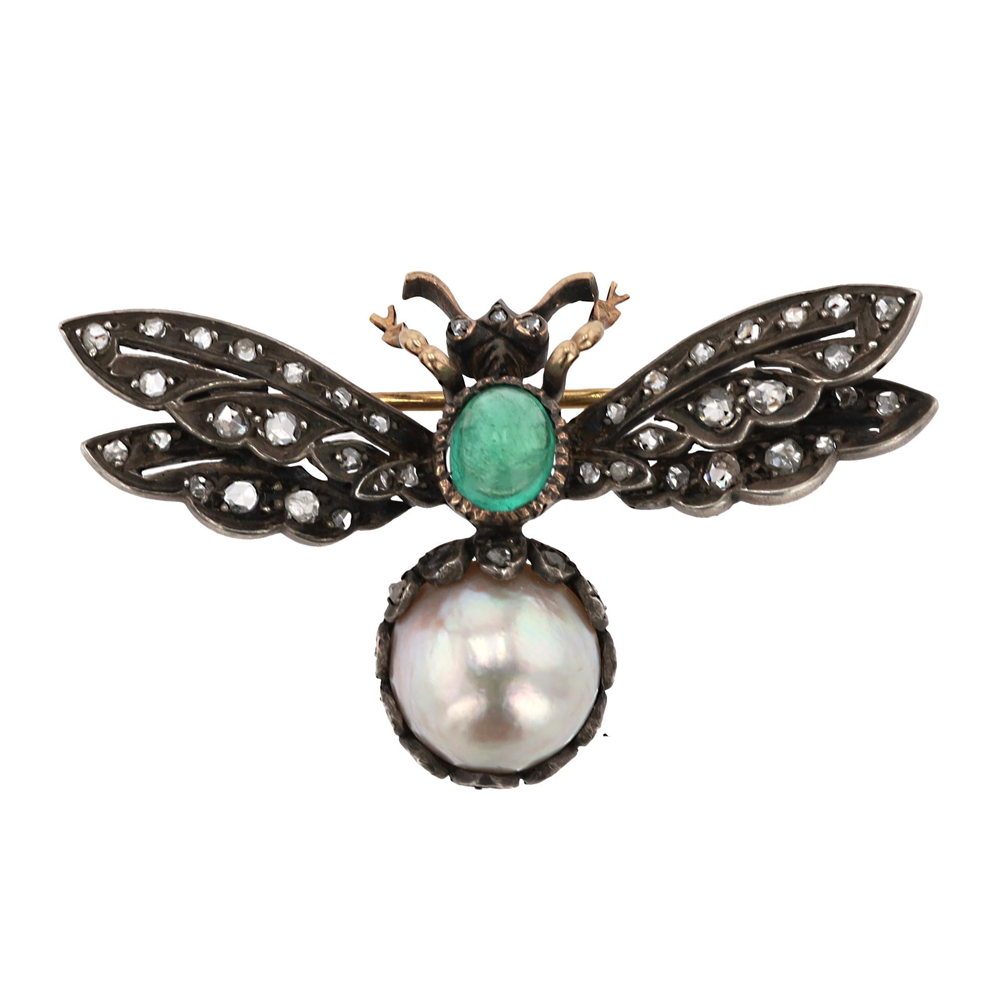 Victorian Diamond Emerald Pearl Bee Pin Brooch