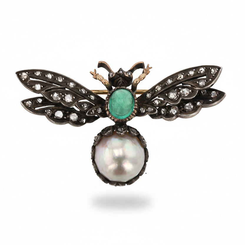 Victorian Diamond Emerald Pearl Bee Pin Brooch