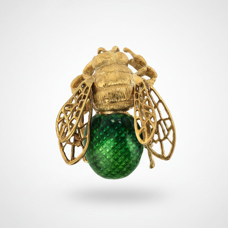 Retro 18k Gold Green Enamel Bee Brooch Pin