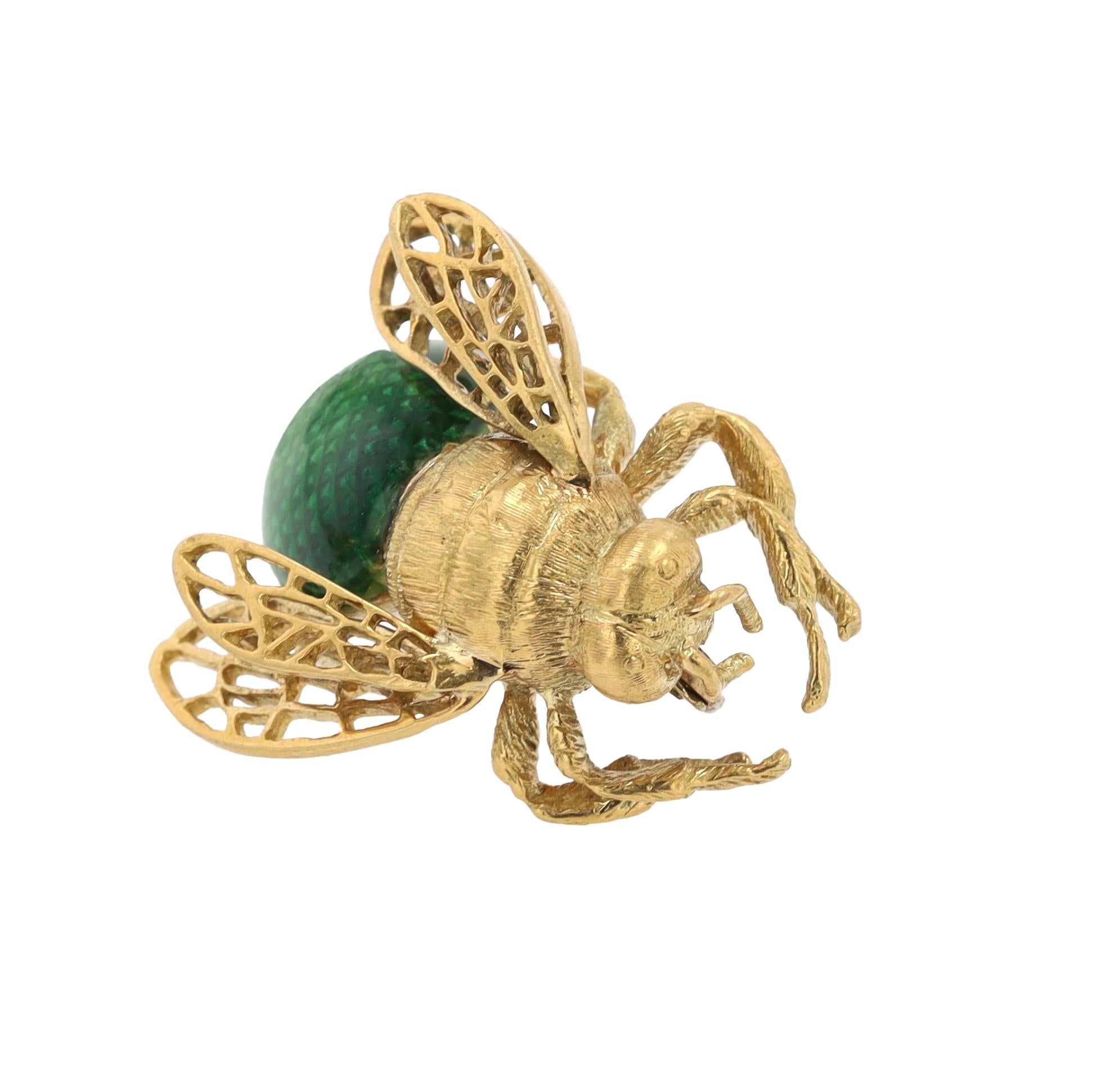 Retro 18k Gold Green Enamel Bee Brooch Pin